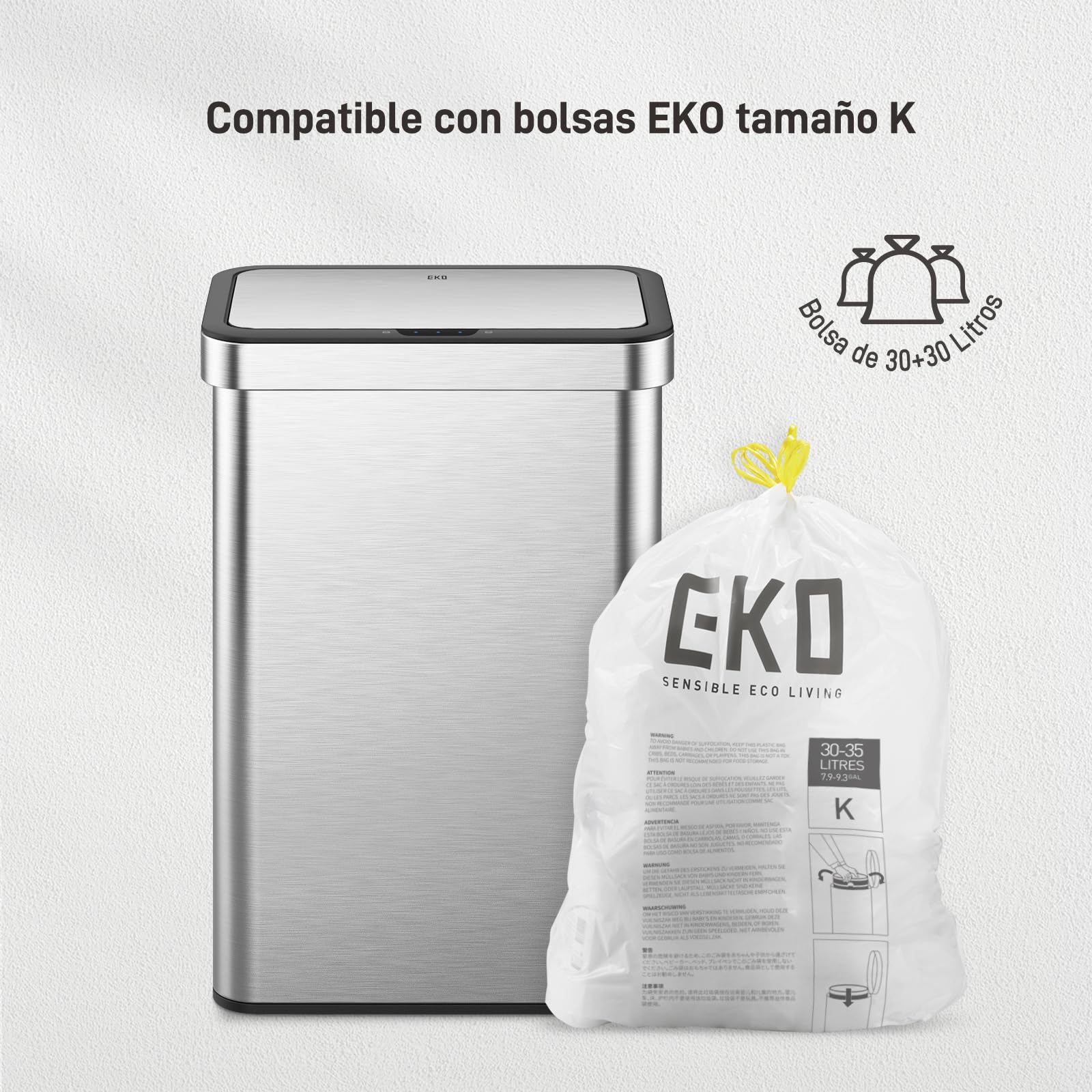 EKO Econova Mirage Cubo Basura Reciclaje para Cocina 30 L + 30 L con Sensor | Sensor de Movimiento, Acero Inoxidable Cepillado, 2 Compartimientos, Cierre Silencioso, Para Cocina
