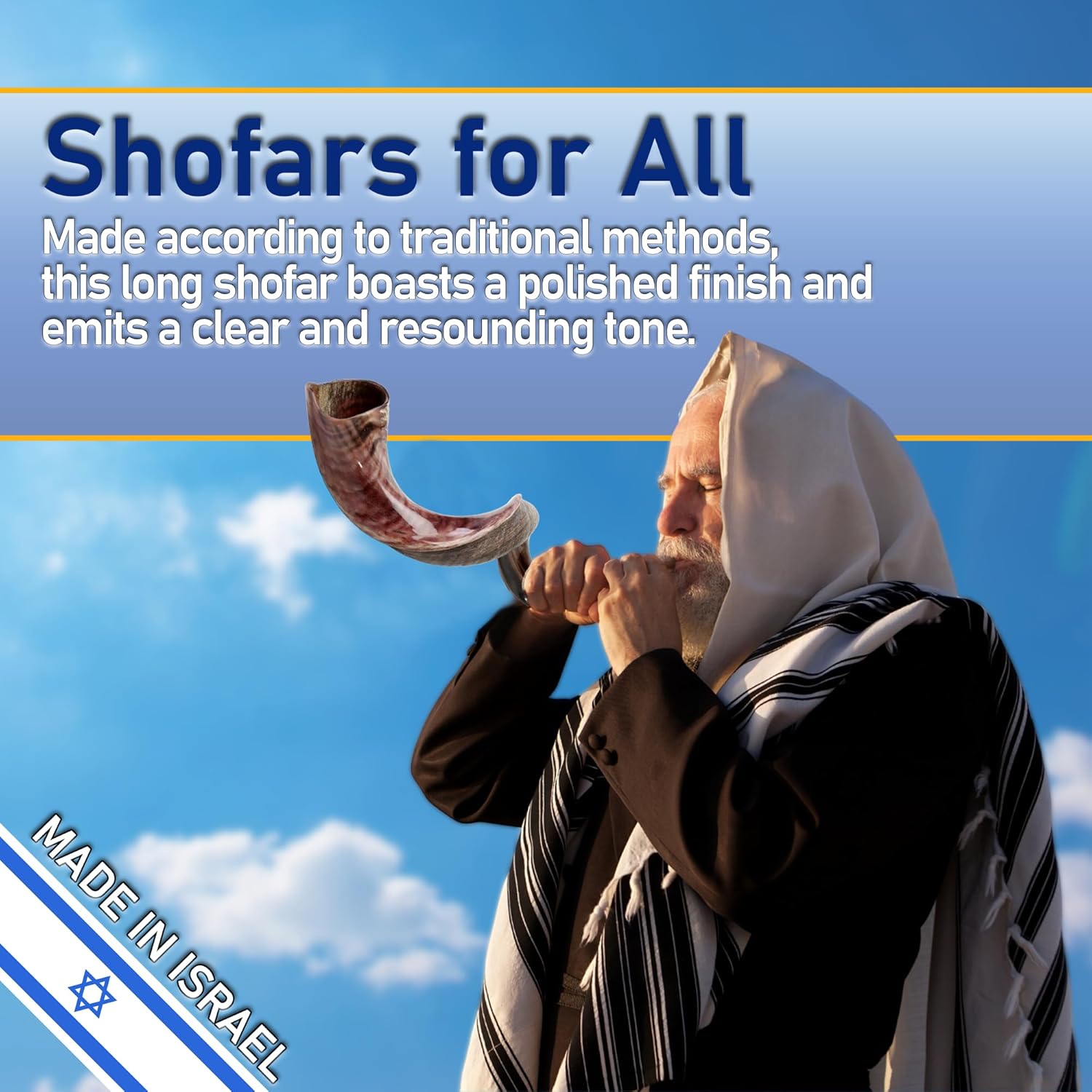 New Shofarot Israel Kosher Yemenite Kudu Shofar 34"-35" Half Polish with Free Blue Bag - Authentic Shofar Horn from Israel Original | Kudu Kosher Shofars | Viking War Horn