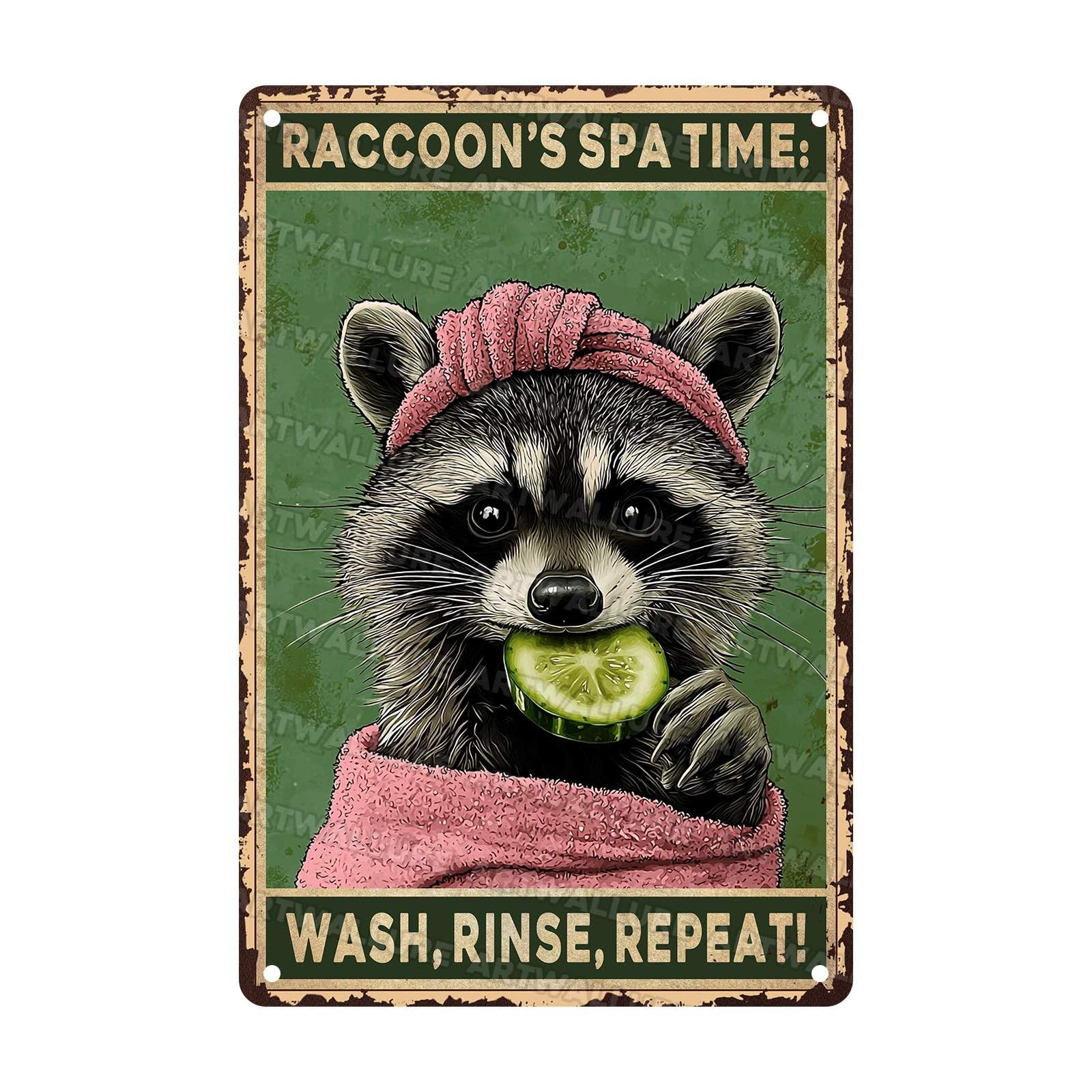 Funny Raccoon Metal Tin Plaque Raccoons Spa Time Wash Rinse Repeat Rustic Wall Decor Vintage Bathroom Art Humorous Toilet Sign Retro Poster 8x12Inch