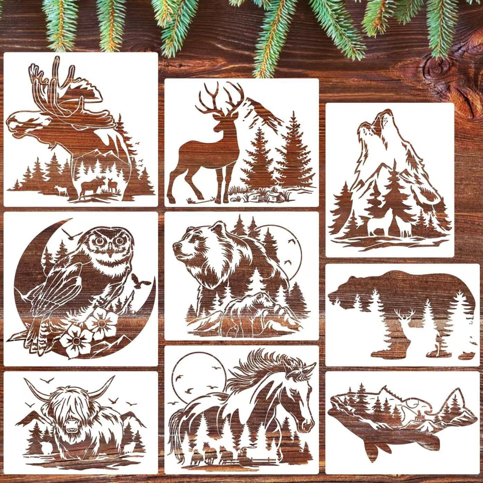 XYQHOAC 9 PCS Animal Wood Burning Stencils for Painting Reusable Deer Wolf Bear Owl Wild Animal Stencils Templates Large Jungle Animal Painting