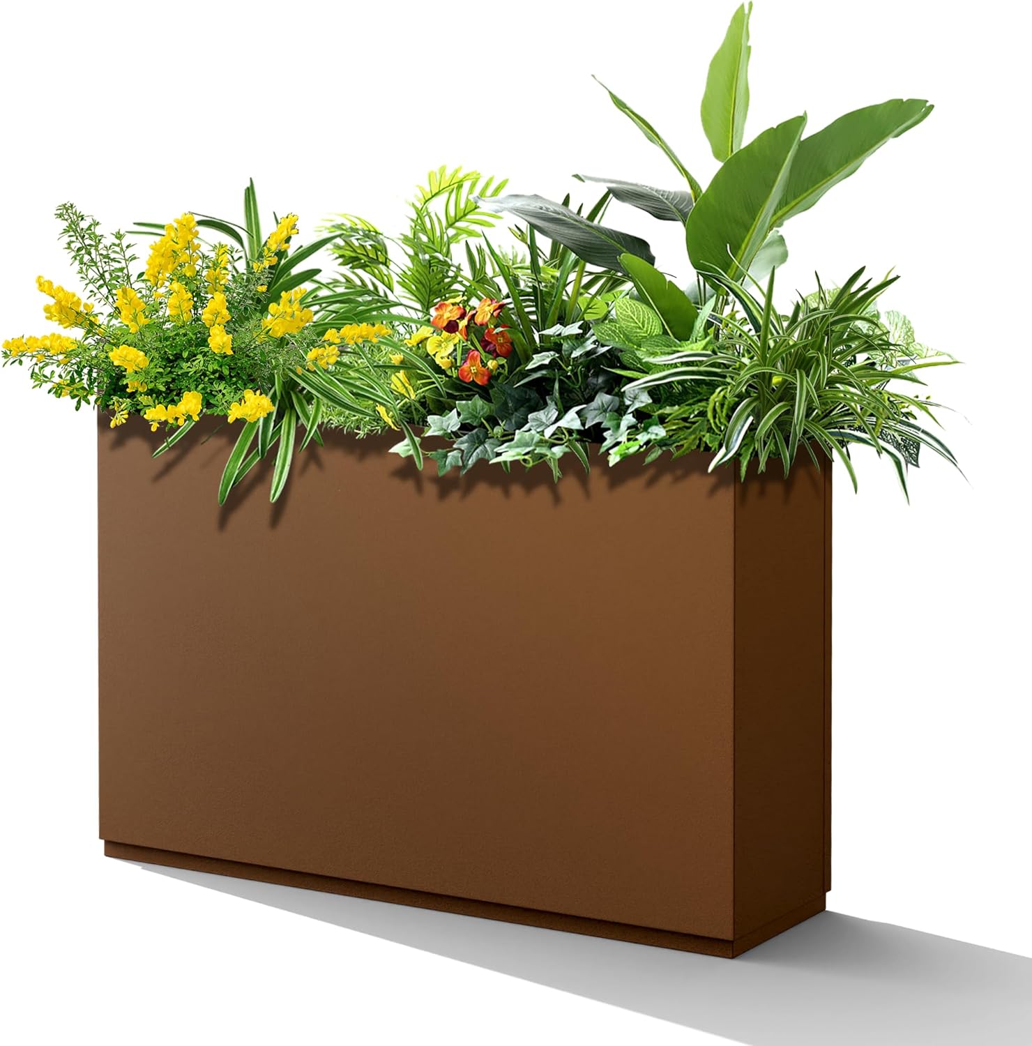 Metal Rectangular Planter Box for Outdoor Plants, Flowers, Tall & Long Planters with Drainage Holes, All-Weather Use (35" L x 9" W x 26" H, Brown) Brown 35"L x 9"W x 26"H