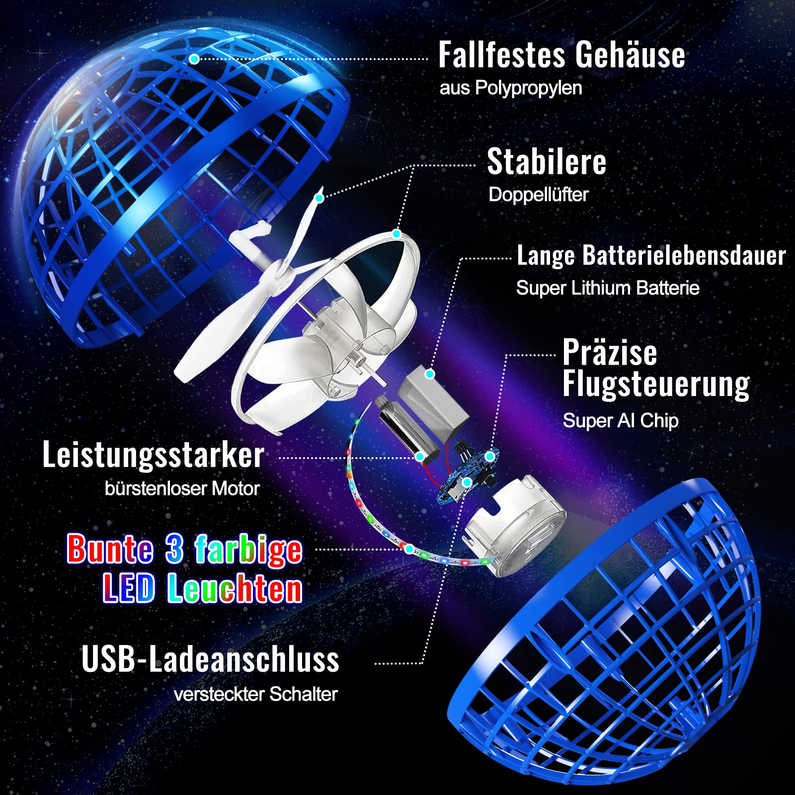 semai Latająca piłka, latająca kula ze światłem RGB, zabawka dla chłopców magiczna kula, ręcznie sterowane pływające kulki prezenty dla chłopców dziewcząt 6-12 lat - 2 niebieski
