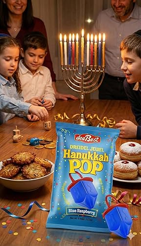 Miniatura 4 de Hanukkah Dreidels Jewel Pop Ring Shape Candy - Blue Raspberry 18 Count Individually Wrapped Dreidel - Hanukah Decorations Kosher Candy Party Favor