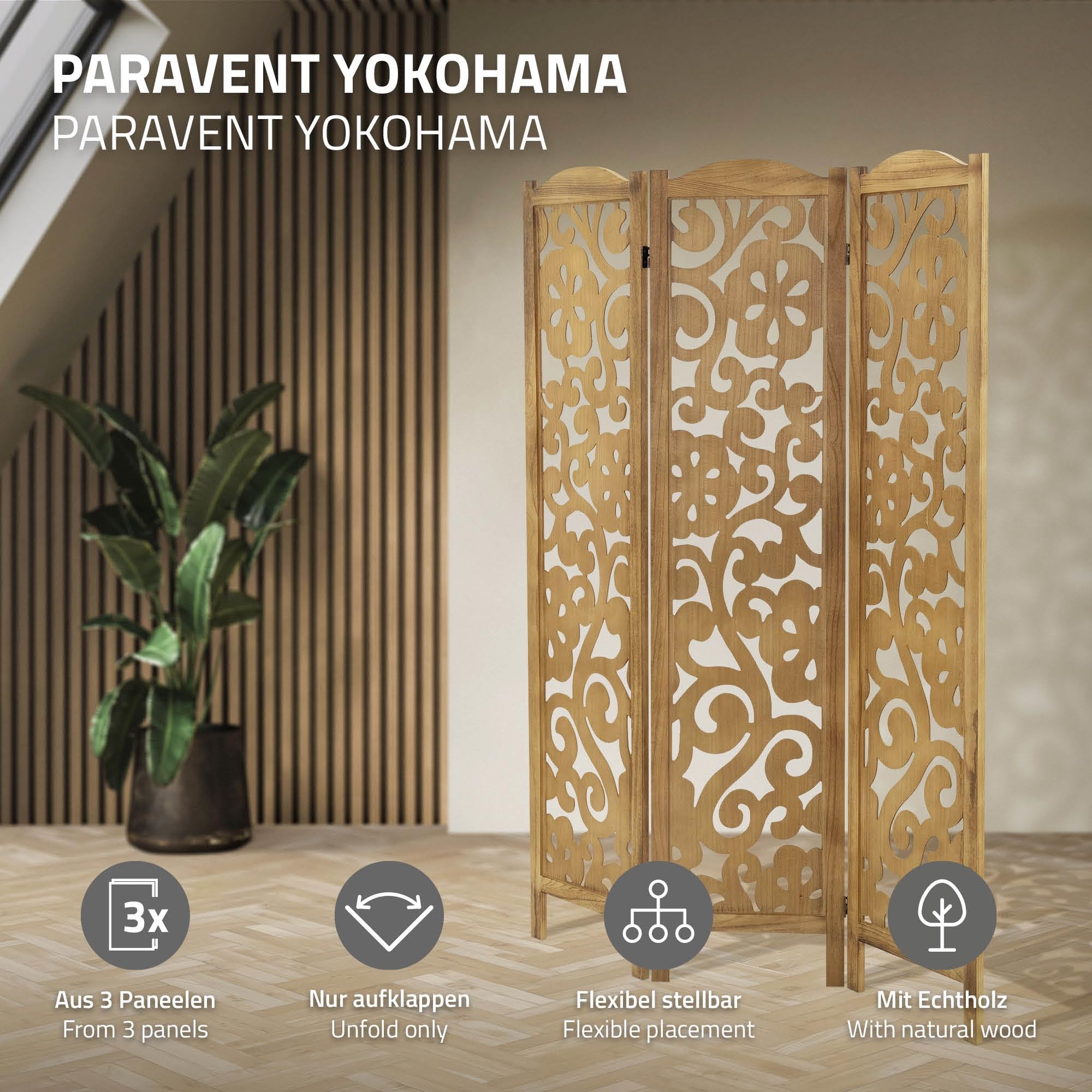 ML-Design Paravent Intérieur Yokohama, Naturel, 172x121 cm, en Bois, à 3 Panneaux Pliables, Cloison de Séparation Décorative Séparateur de Pièce Diviseur Écran d'Intimité Vestiare Protection Visuelle