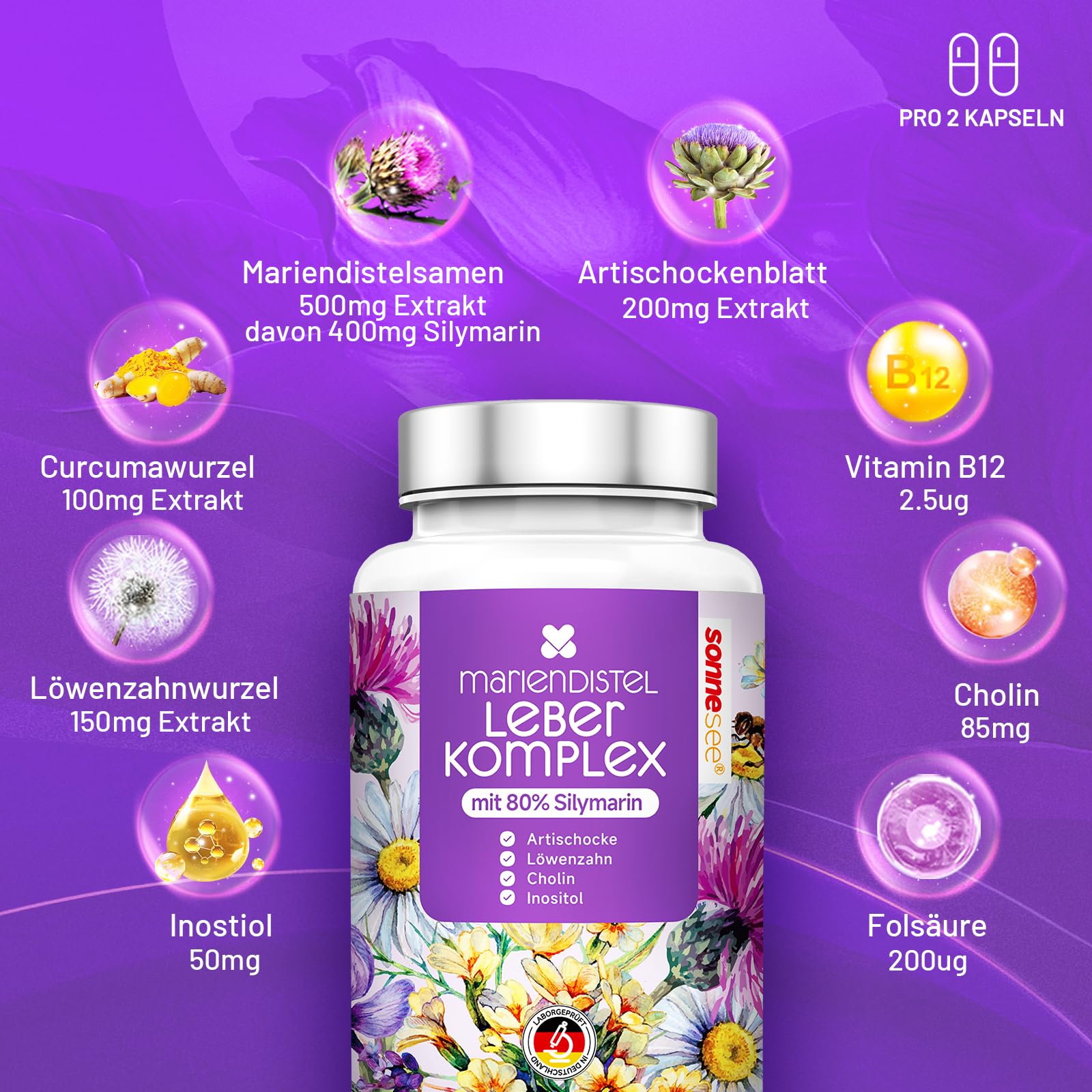 Leber Komplex 8-in-1 Mariendistel 120 Kapseln, Hochdosiert mit 80% Silymarin, Artischocke, Löwenzahn, Inositol Cholin trägt zu einem normalen Fettstoffwechsel bei Vegan