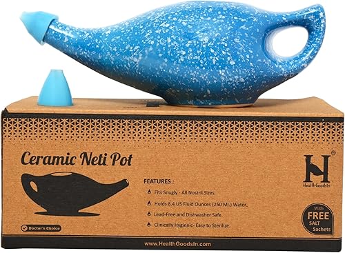 HealthGoodsIn Olla Neti de cerámica, hecha a mano de alta calidad, duradera, apta para lavavajillas con 2 puntas de boquilla de silicona, capacidad