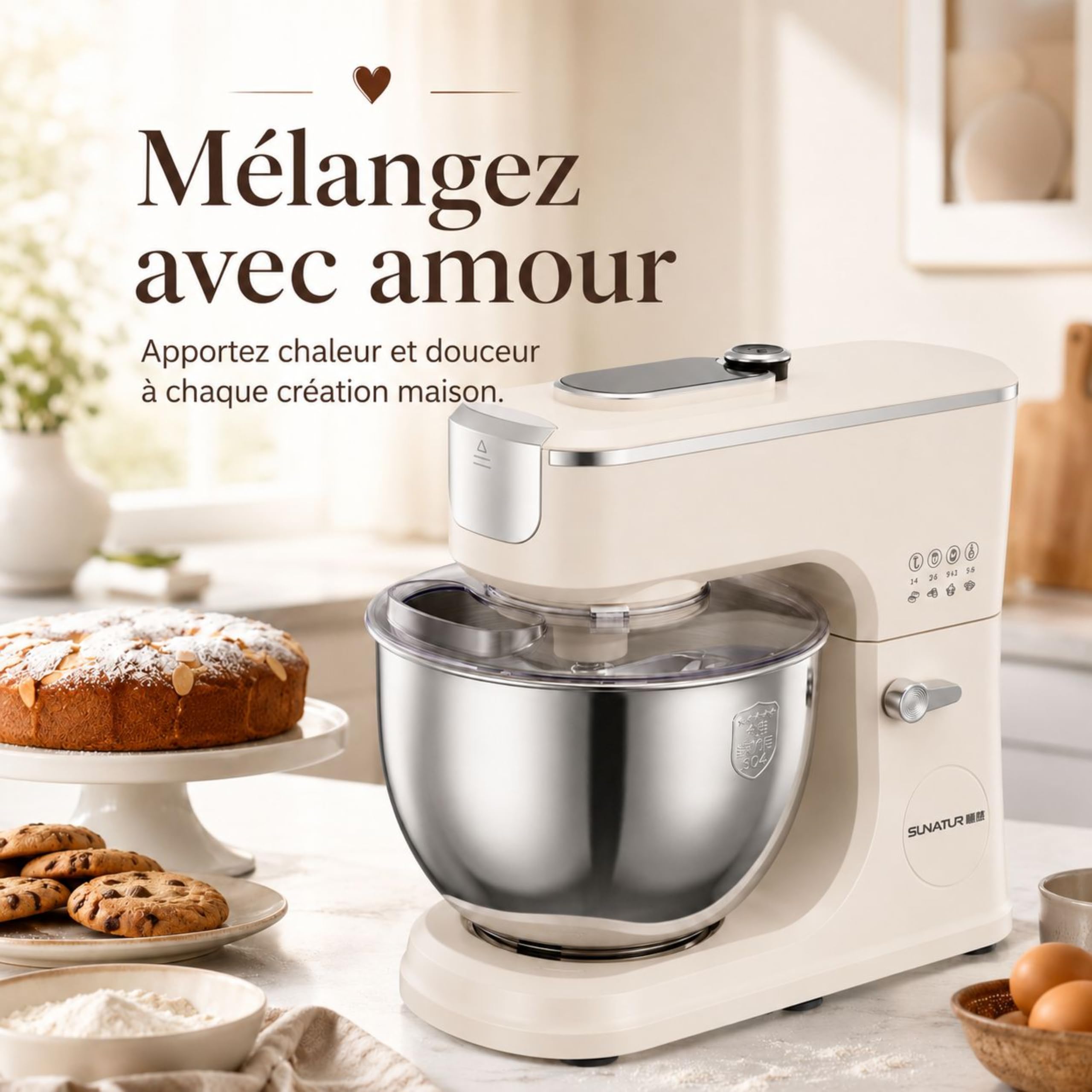 Robot pâtissier 2000W,8L,grande capacité,minuterie,commande intelligente à11vitesses, écran numérique,mode fermentation,5fonctions préréglées,4accessoires,ventouses,démarrage en un clic Pétrin