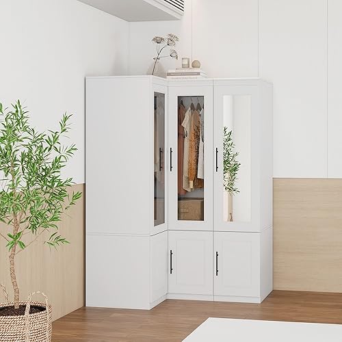 Miniatura 3 de Armario Armario: Juego de 2 modernos armarios de esquina para dormitorio con vidrio, armario de almacenamiento de ropa de madera de gran capacidad