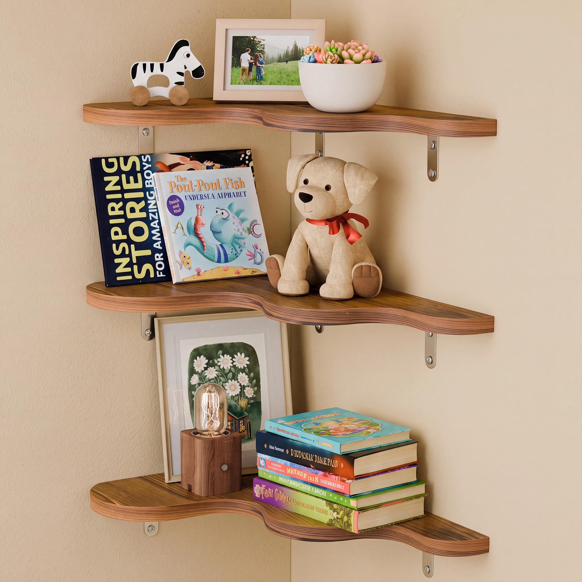 Ecowillon Cute Cloud Corner Shelves - Set of 3 Brown Wooden Floating Corner Shelves Wall Mounted, 90-Degree Space-Saving Nursery Shelves with Brackets, Kids Room Decor for Bedroom,Living Room,Bathroom — image 1