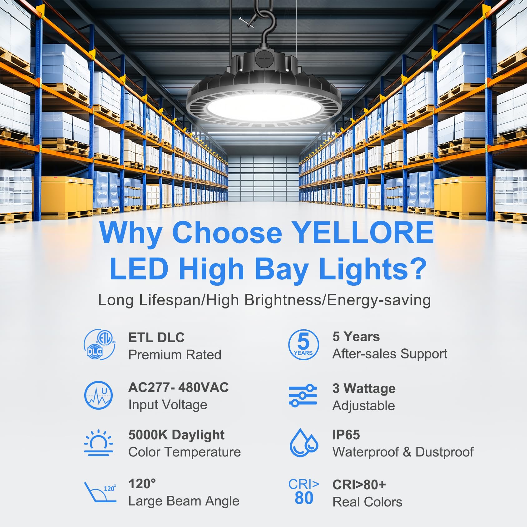 9 Pack 480V UFO LED High Bay Light 300W 240W 180W Adjustable High Bay Lights 150 LM W — view 2