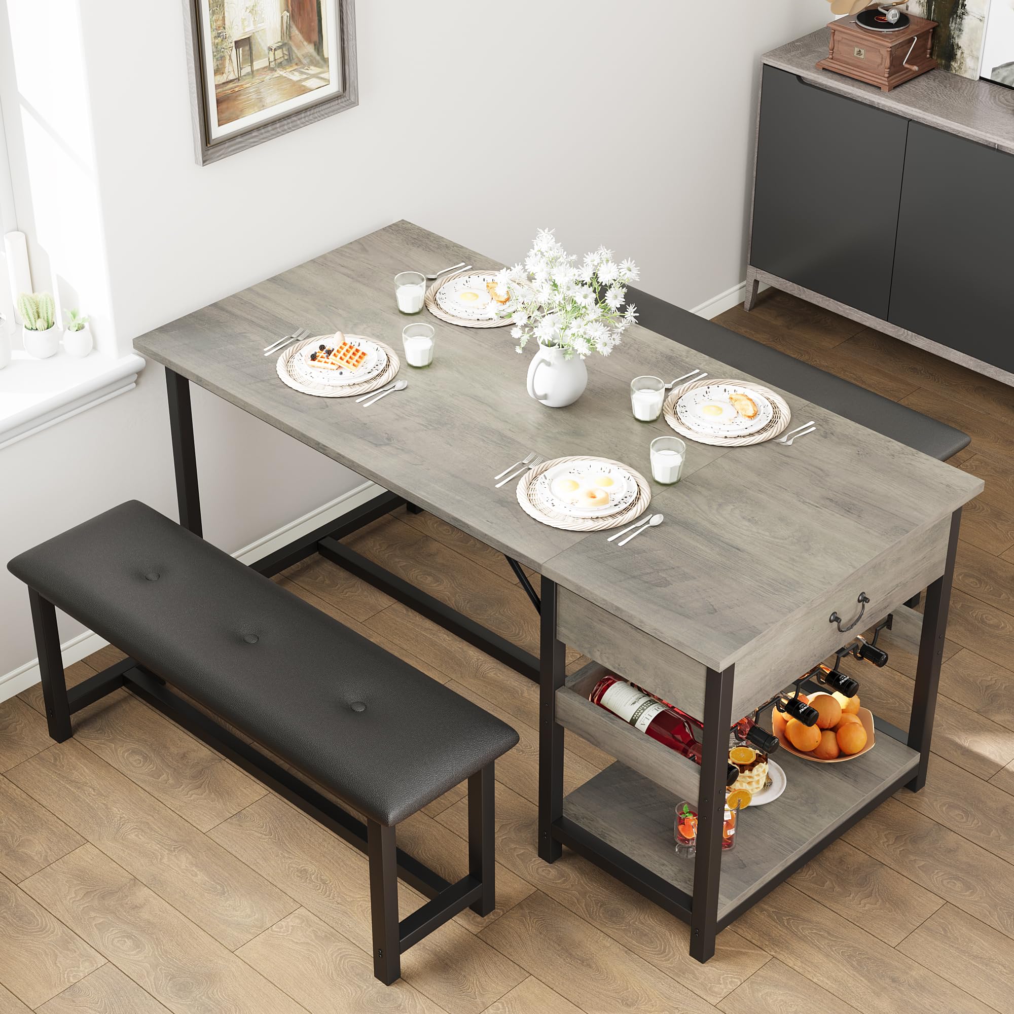 Ensemble table et bancs pour petite cuisine avec porte-bouteilles gris