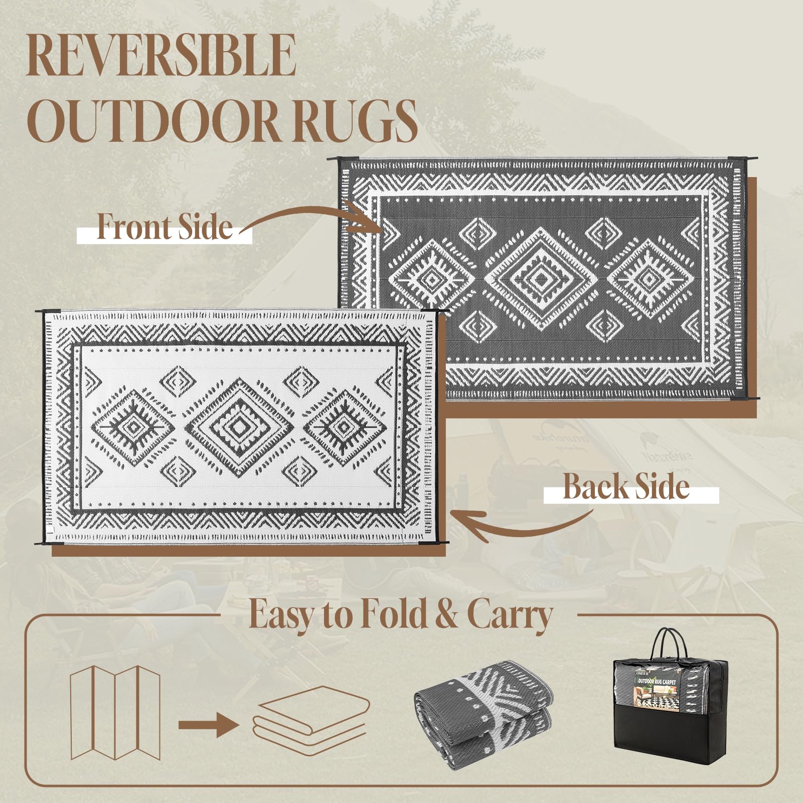 OMERAI Tapis d'Extérieur pour Terrasse Tapis de Camping en Plastique Recyclé Léger et Réversible à l'Extérieur Tapis de Jardin Facile à Nettoyer et Imperméable aux UV Gris 180X270CM