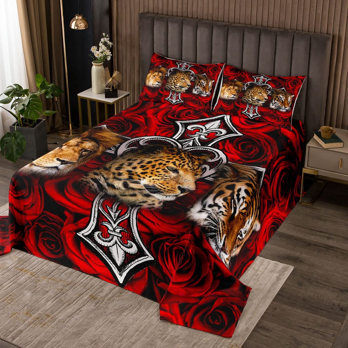 Colcha de animales salvajes africanos de 240 x 260 cm con diseño de león y flores rojas