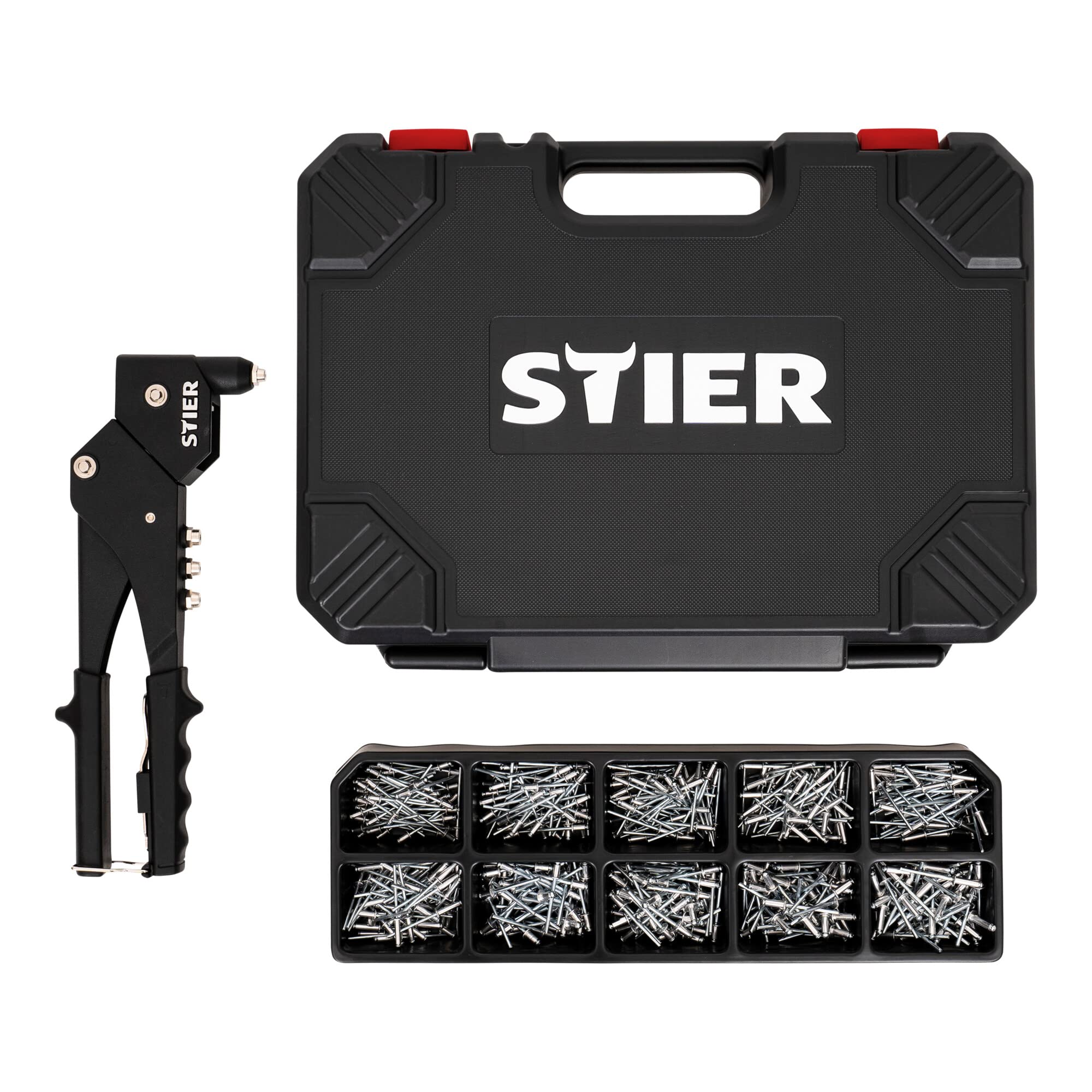 STIER Blindnieten-Satz Premium, mit 360°-Handnietzange, 500 Blindnieten, 501-teilig, aus Chrom-Vanadium-Stahl