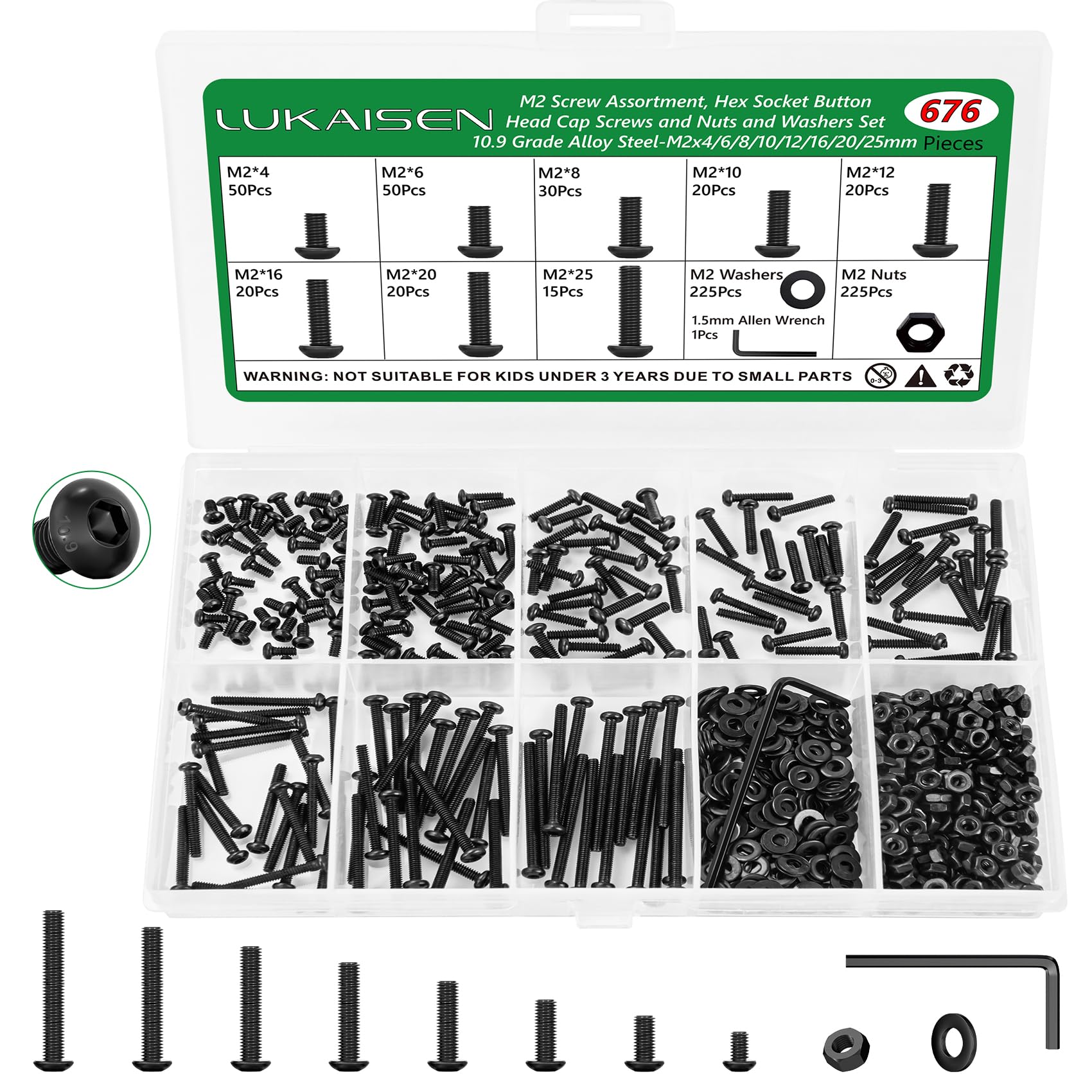 676PCS M2 Screws Assortment Kit, M2x4/6/8/10/12/16/20/25mm Button Head Hex Socket Bolts, Nuts & Washers Assorted Set - 10.9 Alloy Steel Black M2 Screw or 3D Printers, RC Models, and DIY Repairs