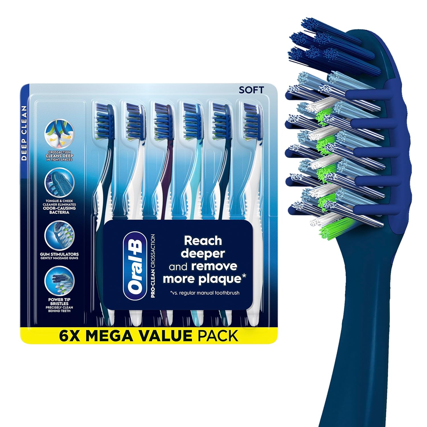 oral-b pro clean cross action toothbrushes, deep plaque removal, 6 count toothbrush (pack of 6)