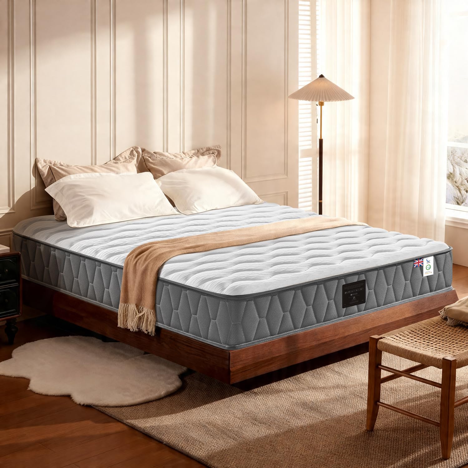NineLan Orthopaedic Single Mattress 3FT for Back Pain Relief, 8.7 Inch Hybrid 5-Zone Pocket Sprung Mattress with Cooling Gel Memory Foam & Breathable Knitted Cover, Medium Firm, 90x190x22cm