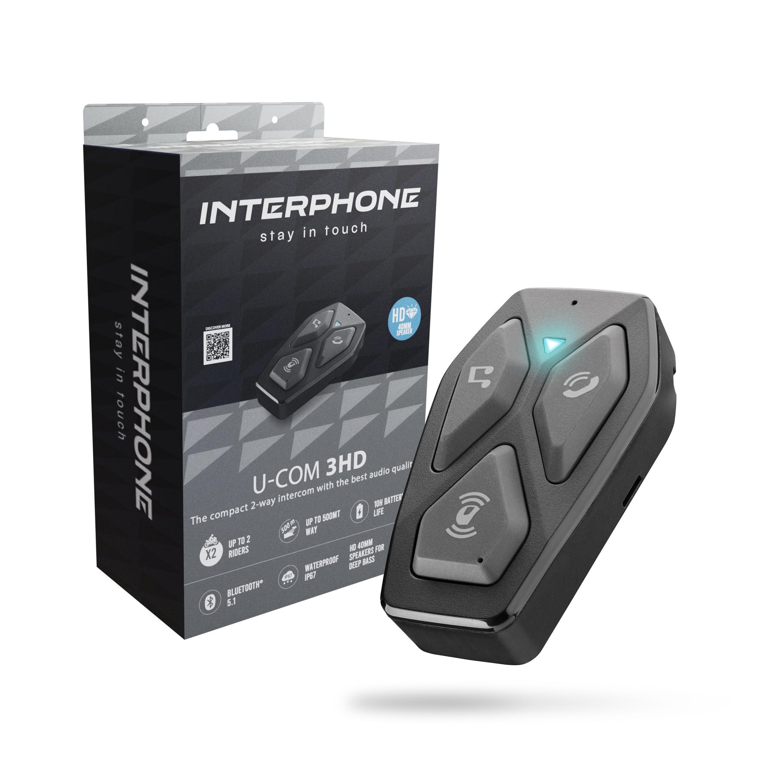 INTERPHONE U-COM 3HD Singolo, Interfono moto di gruppo per 4 utenti fino a 500mt, Interfono casco Bluetooth 5.1 con auricolari HD 40mm per musica, chiamate e GPS, Autonomia 10h e impermeabile IP67