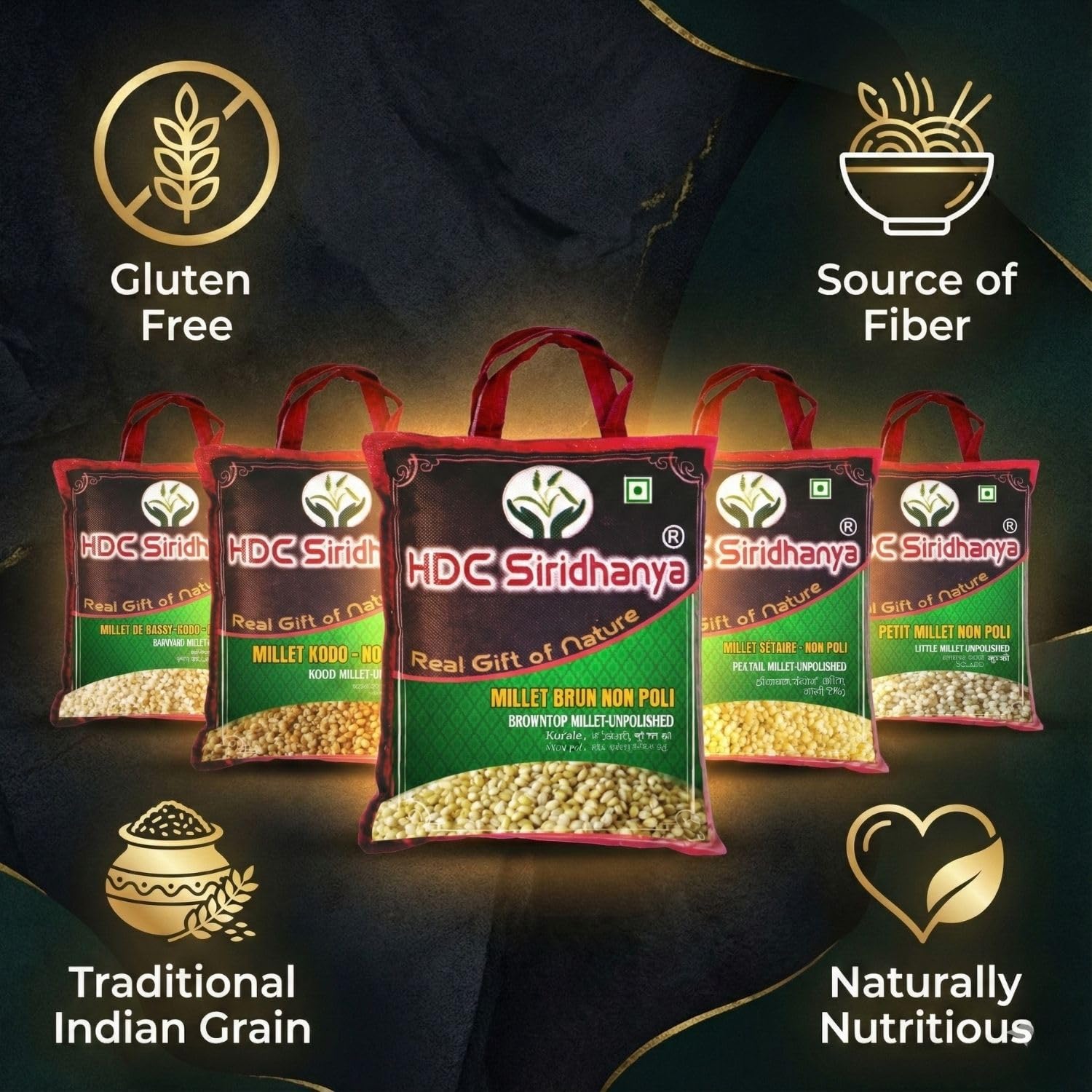 siridhanya Millets Grain Unpolished & organic Combo Pack of 5, [Little, Foxtail, Kodo, Barnyard, and Browntop Millet 5 kg (920GM Each Bag Vacuum packed)