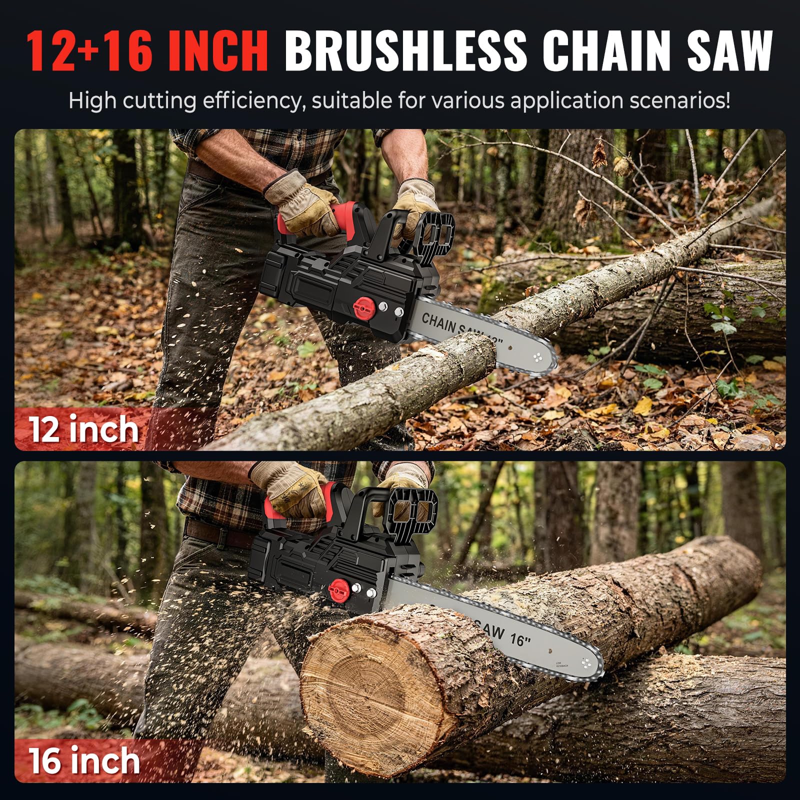 16 & 12 Zoll Bürstenlose Akku Kettensäge | 1050W Motor, 2 x 4.0Ah Akkus, 2-in-1 Kettenbremse, LED Display, Für Brennholz, Gartenarbeit und Sturmschäden