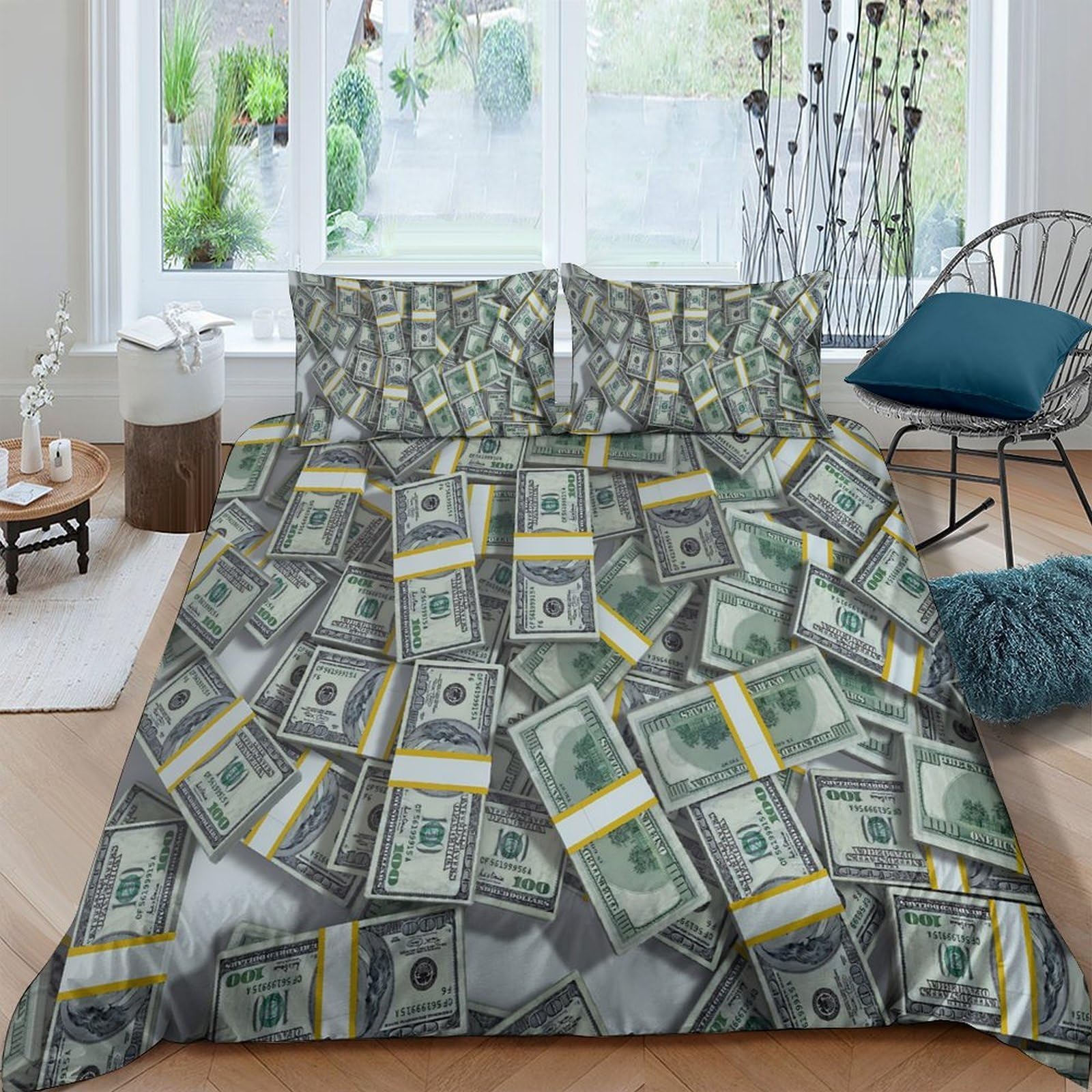 Ctjqhvkz Style-4 3D Printed Money Stack Fitted Sheet Microfiber Bedroom Decor Dollar Bill Mattress Cover For Home Guest Room Easy Care Single（135X200cm）