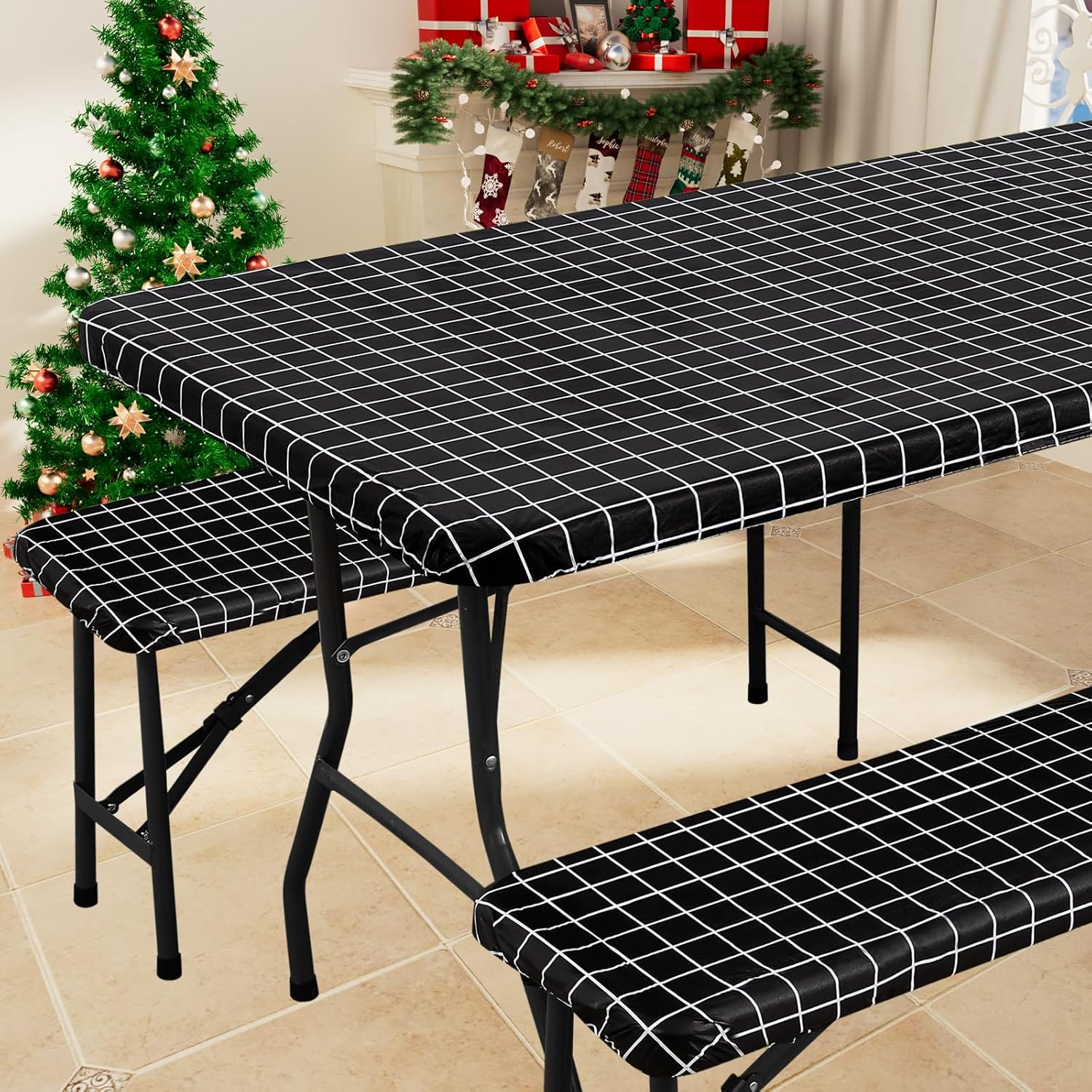 Spotjoy Elastic Picnic Table Cover with Bench Covers, Flannel Backing Fitted Vinyl