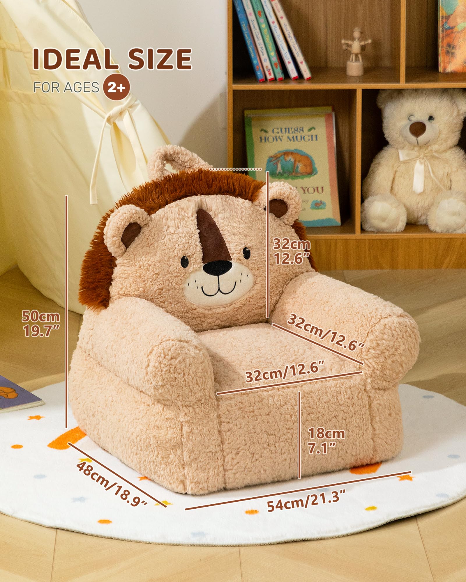 BEJOY Canapé Confortable pour Enfant, Fauteuil Rembourré en Mousse, Canapé Simple Et Douillet en Sherpa pour Garçons Et Filles, Lion