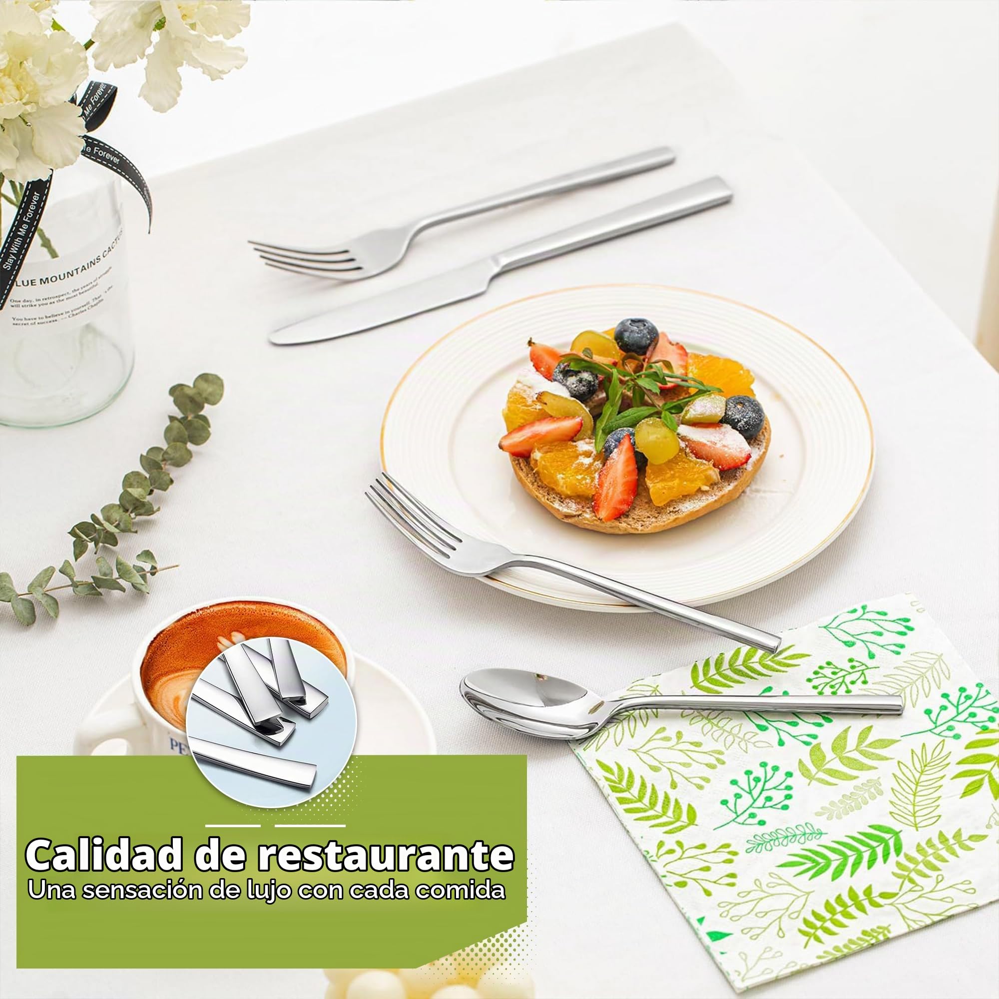 HI NATURE™ Juego de cubertería para 6 personas, 36 piezas, con cuchillo de carne, acero inoxidable 18/0, acabado brillante, incluye cuchillo, tenedor, cuchara y tenedor para tartas, apto para