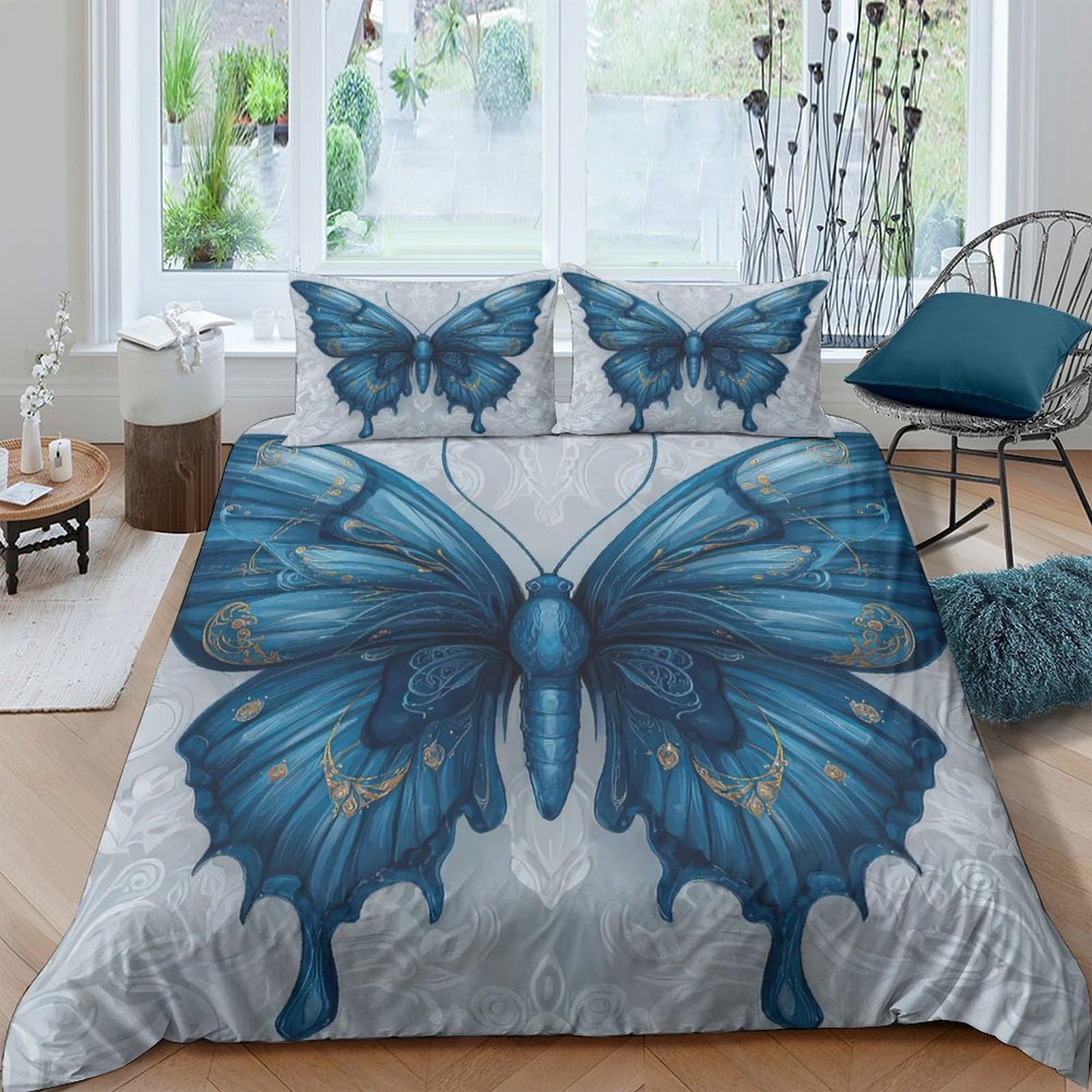 GPLZQXKJNH 3D Printed Blue Butterfly Duvet Cover Set Microfiber Soft Breathable Watercolor Bedding with 2 Pillowcases for Bedroom Decor Single（135x200cm）