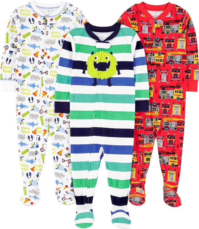 Simple Joys by Carter's Baby Boys - Pack de 3 pijamas de algodón con pies ajustados