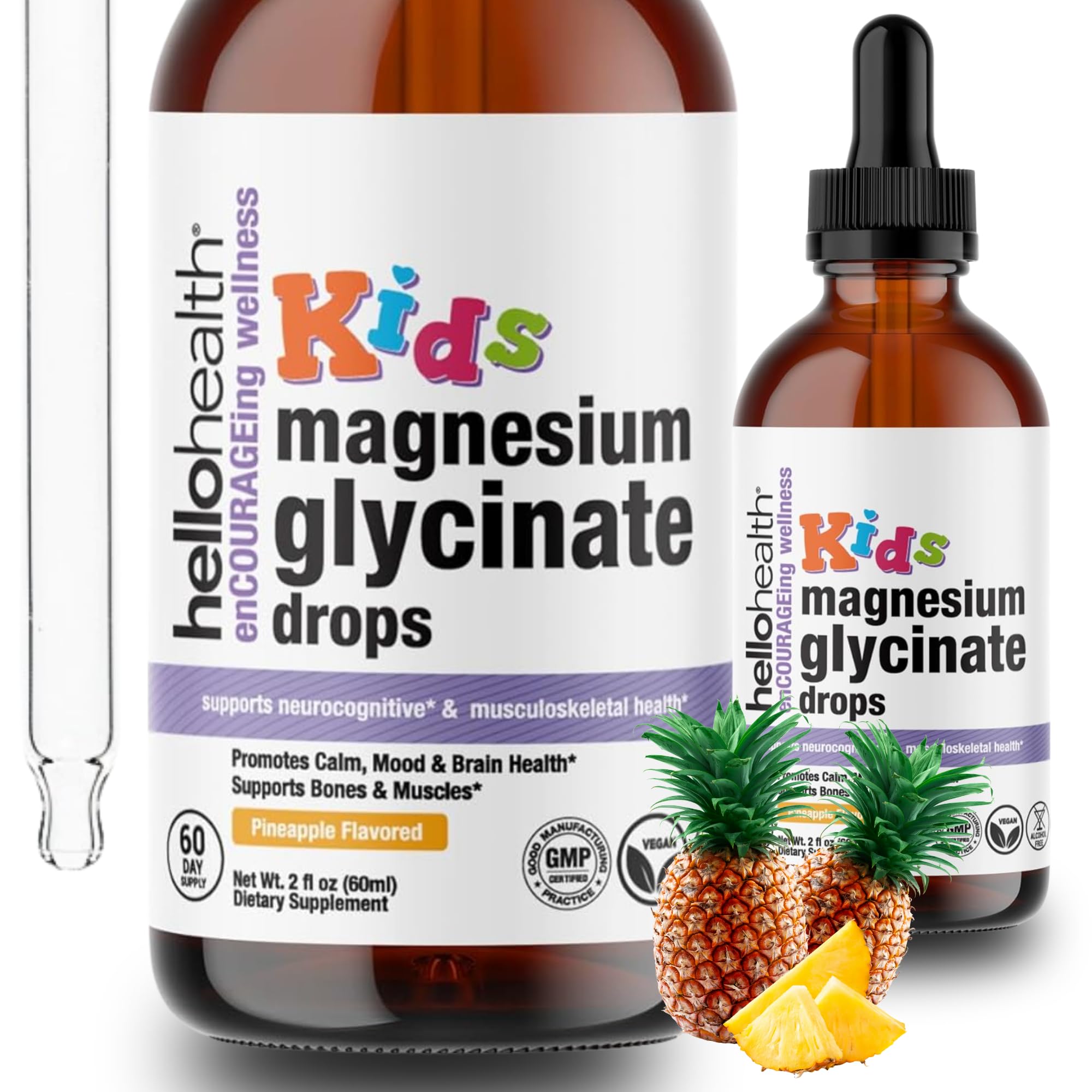 Kids Magnesium Glycinate Liquid Drops β Sugar Free Liquid Magnesium Drops, Happy Calm for Kids Calming Supplement Complex β Magnesium for Children & Nighttime Sleep, Pineapple Flavor 2 Fl Oz.