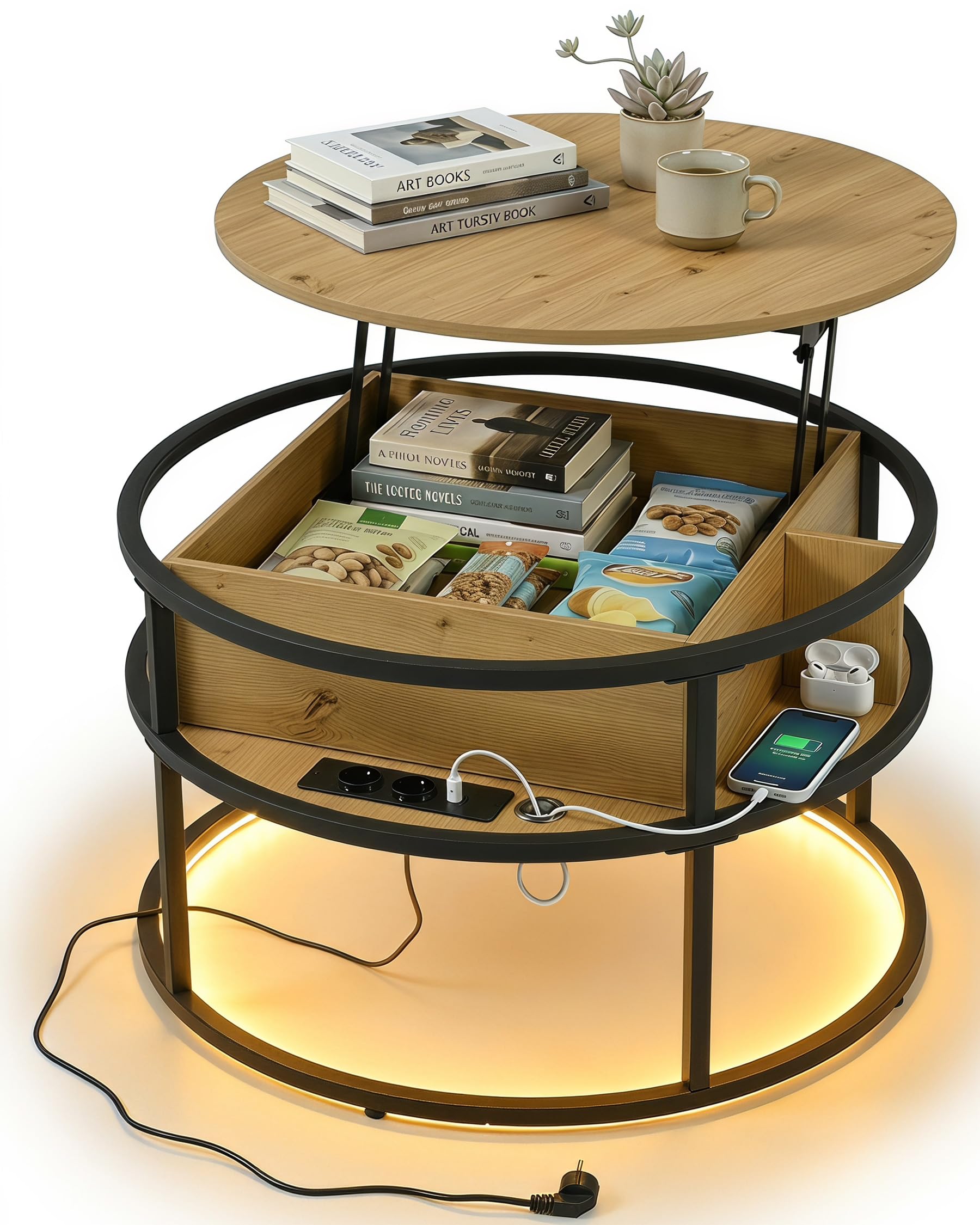 Mesa de Centro Elevable, Mesa de Centro Madera 80 x 80 x 48 cm, Mesa Elevable con Puertos USB y Tipo C, Luz LED y Compartimento Oculto, Mesa Auxiliar Sofa con Almacenamiento, Mesa Redonda