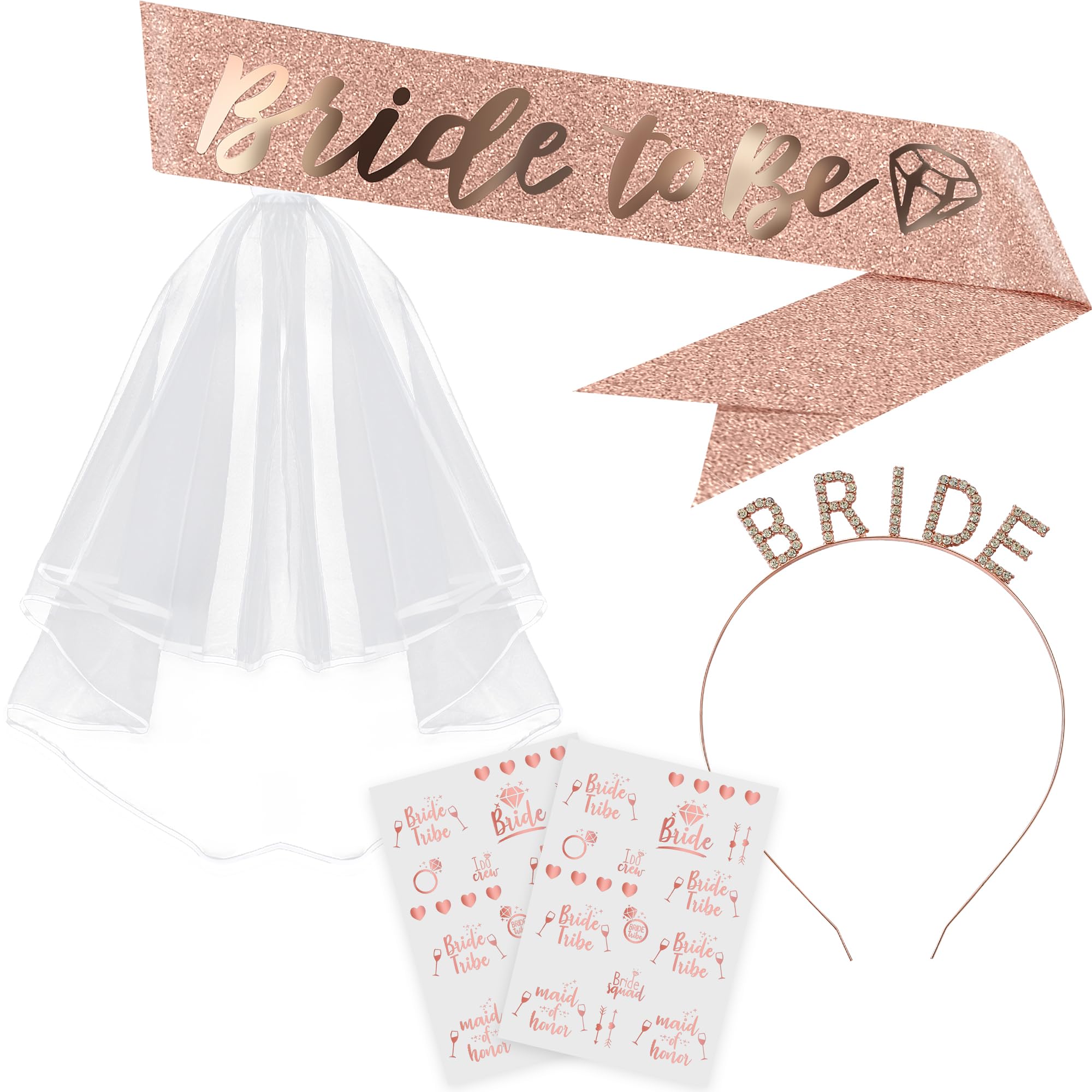 KatchOn, Rose Gold Bride to be Sash Set - Pack of 5 | Bachelorette Sash, Tiara, Veil for Bachelorette Party Decorations | Bachelorette Party Sashes |