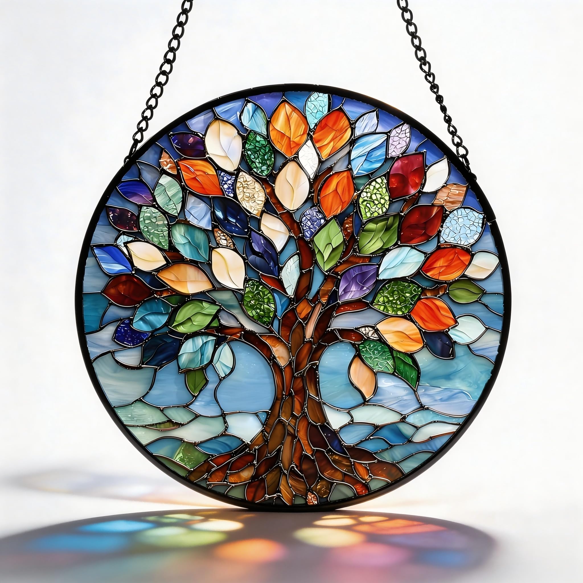 Minwegi Multicolored Sun Catcher Tree Of Life - Colorful Acrylic Hanging Ornament For Windows - 15Cm×15Cm Home Decor With Stained Glass Effect
