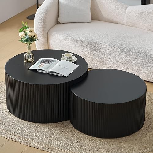 Juego de 2 mesas auxiliares anidadas, mesa auxiliar moderna de tambor, mesa auxiliar redonda de rayas onduladas para sala de estar, dormitorio,