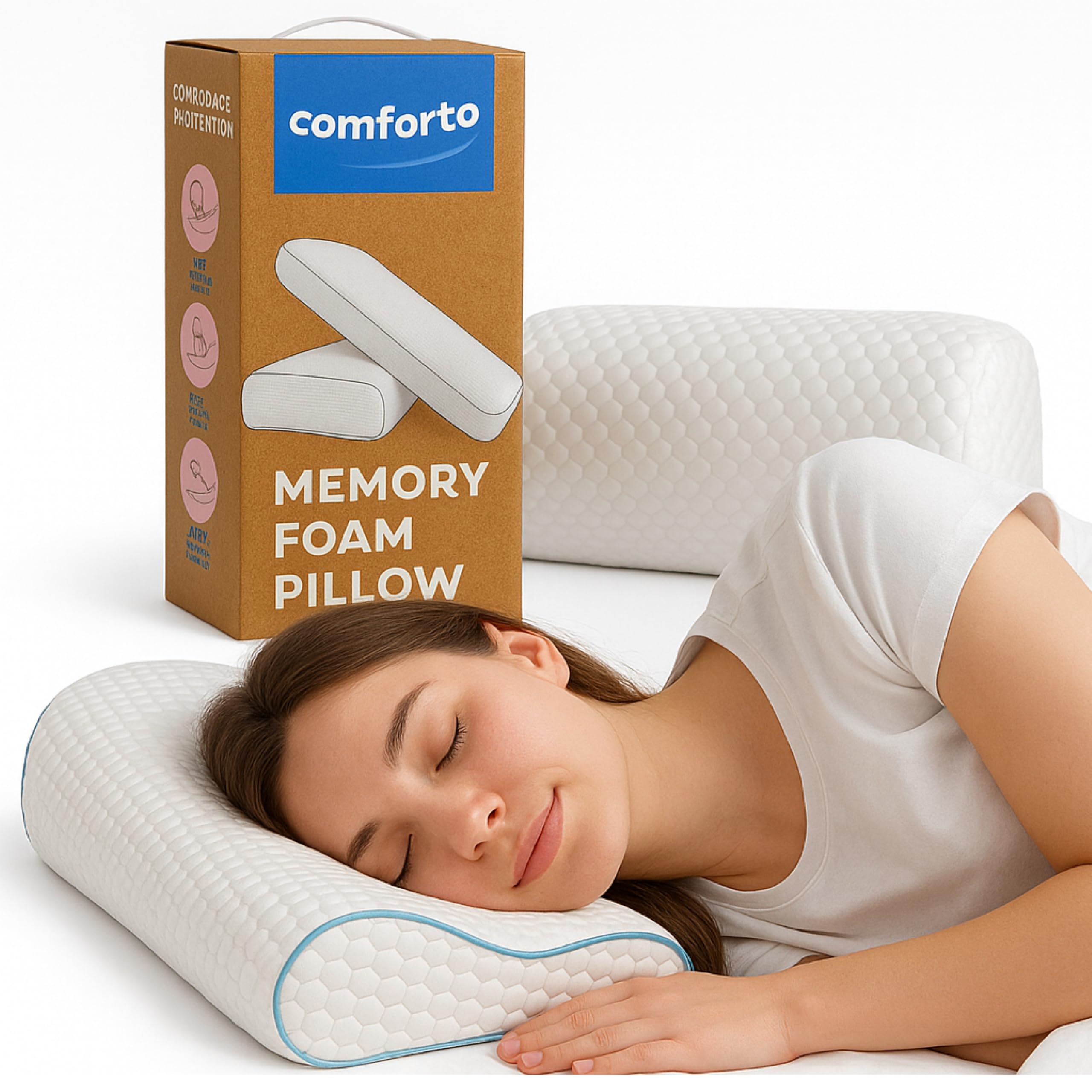 COMFORTO Ortopedyczna poduszka pod szyję 50 x 30 cm, poduszka do spania na plecach i boku, ulga w bólu szyi i ramion, ergonomiczna, do spania, z chłodzącą poszewką na poduszkę
