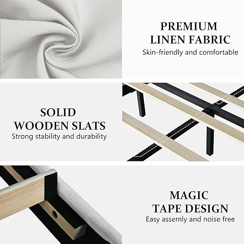 Miniatura 89 de BarnFurin Base de cama de tamaño matrimonial con cabecero, cama de plataforma tapizada con cabecera capitonada con botones ajustables, marco de cama