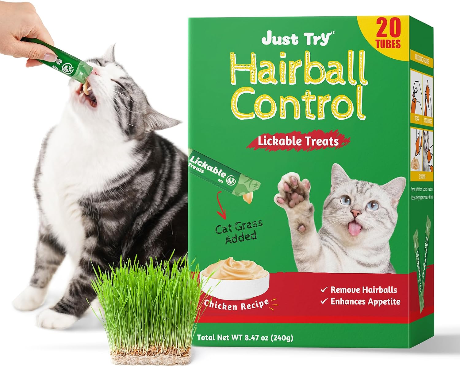 Just Try Lickable Cat Treats, Healthy Cat Grass Treats | 20 Tubes Soft Creamy Hairball Control Relief Functional with Taurine & Vitamin E for Cats