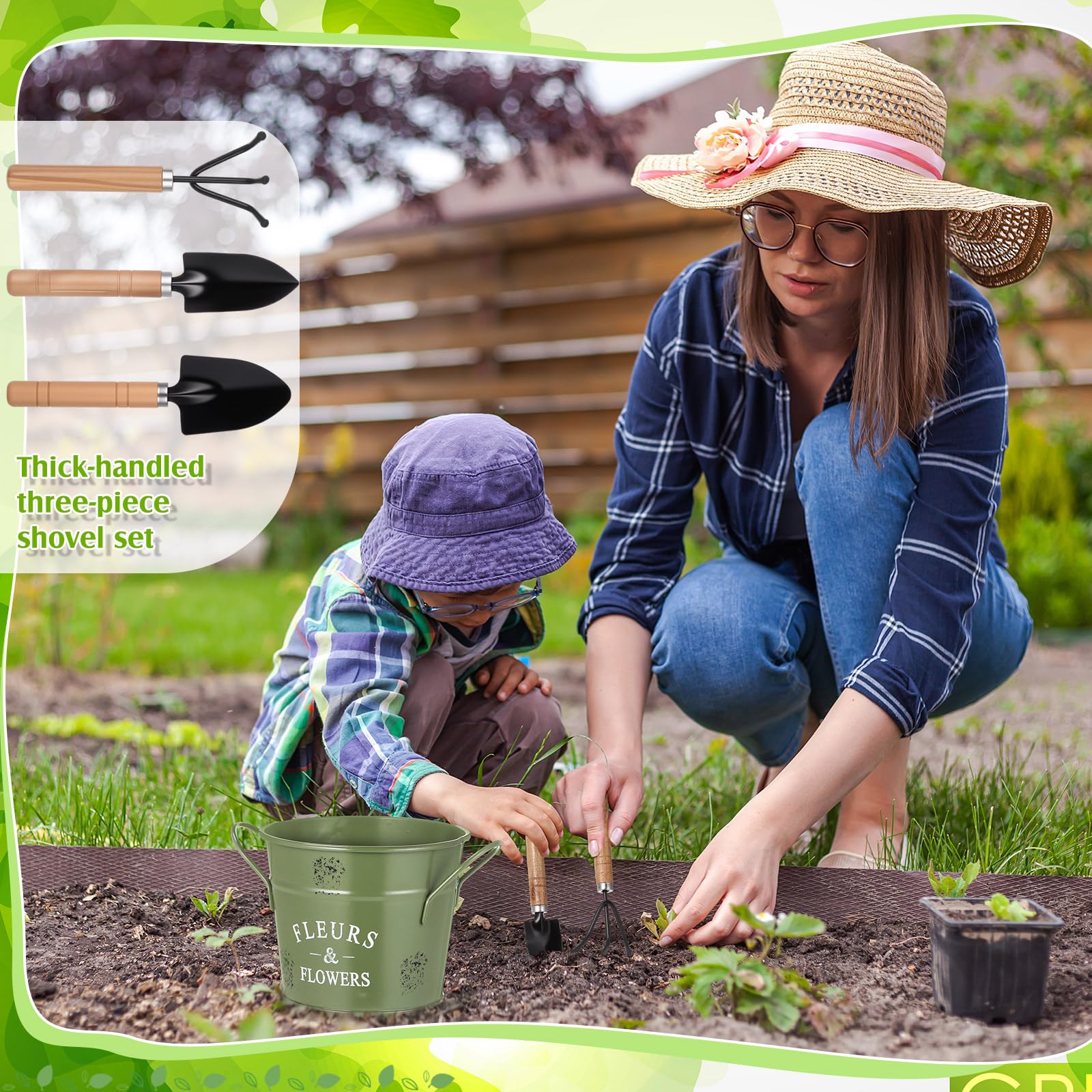 Tarpop Juego de herramientas de jardín verde, regalos de jardinería para mujeres, kit de herramientas de plantación de hortalizas de 7 piezas con tapa, delantal de lona, guantes de hojas verdes,