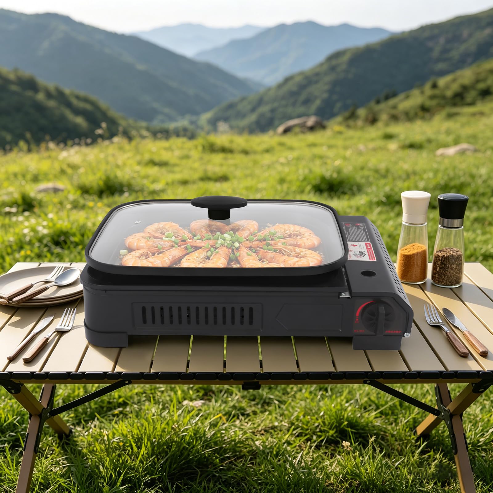 Cocina de gas portátil de camping butano con parrilla, cocina silenciosa