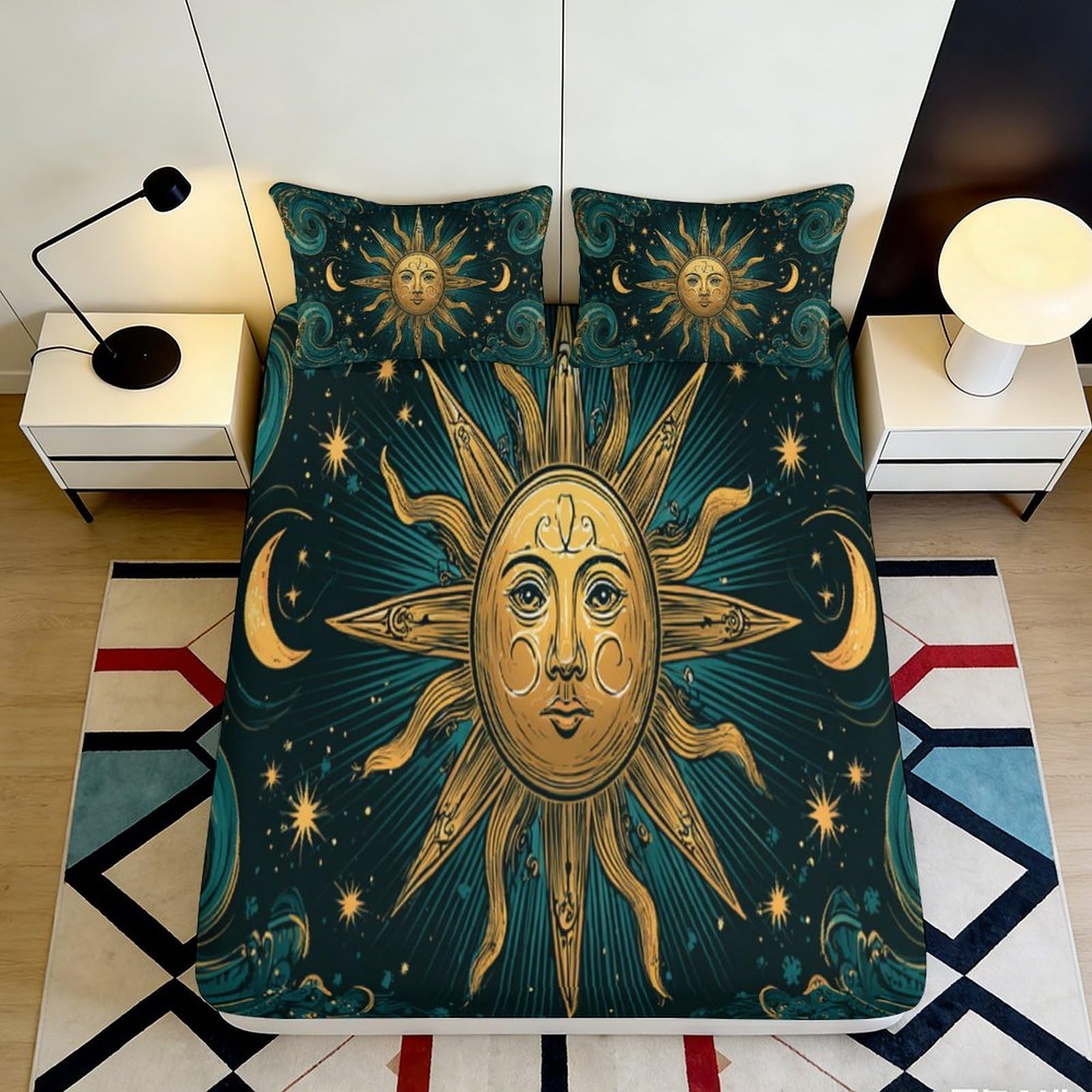 3D Printed Celestial Fitted Sheet Microfiber Deep Pocket Bedroom Bedding Set Sun Moon Mattress Fitted Cover Non-Slip Washable for Adults 160x200x25cm