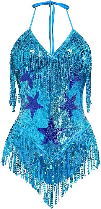 AGYMNX Women Music Festival Rave Fringe Trim Sleeveless Sequins Tassel Bodysuit Country Concert Nightclub Halloween Costume