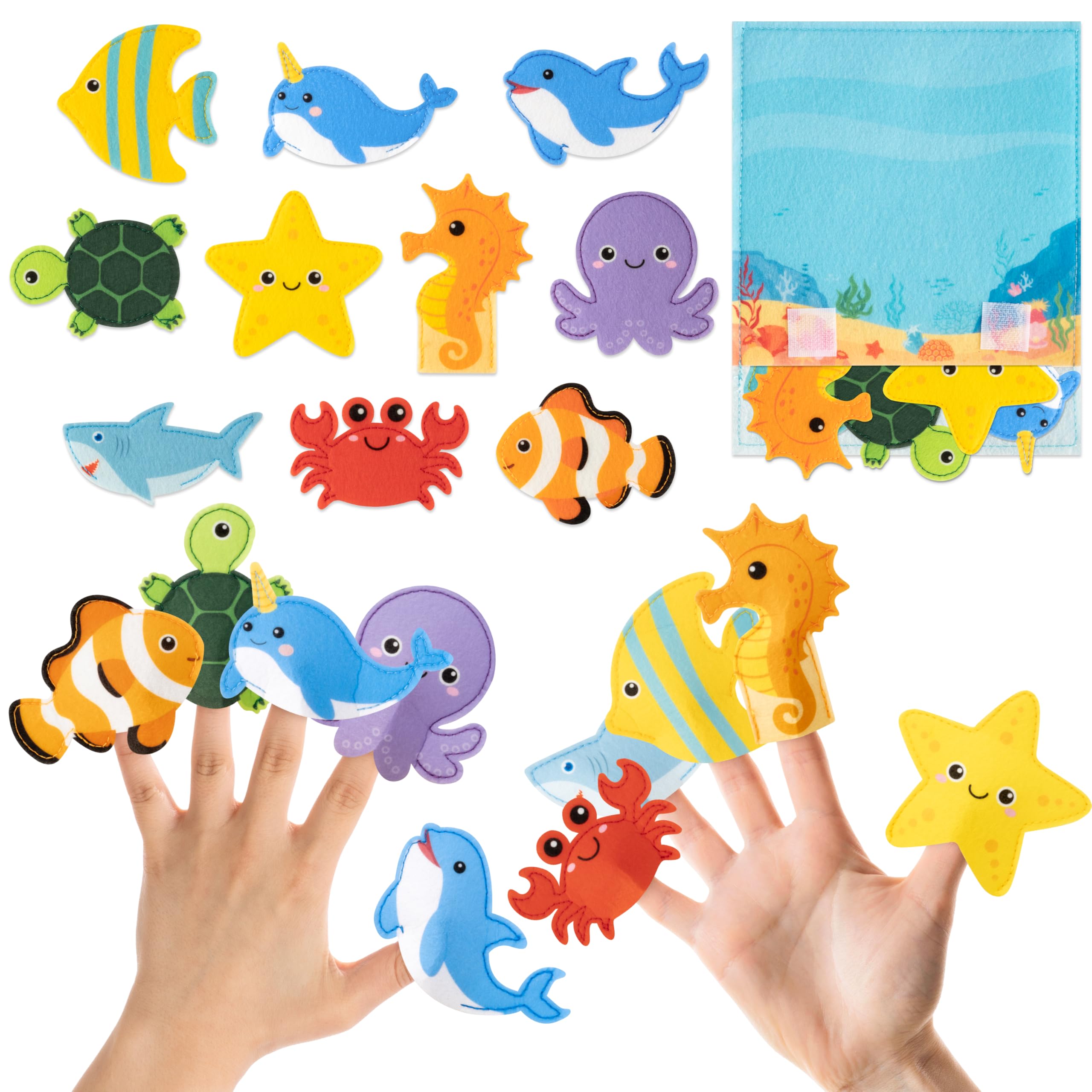 COcnny Sea Animal Finger Puppets - 11pcs Ocean Animal Felt Finger Puppet with Under The Sea Bag Set Making Crafts Kit for Kids, Make Your Own Story Telling Toys, Role Play for Boy Girl Toddle Age 3-8