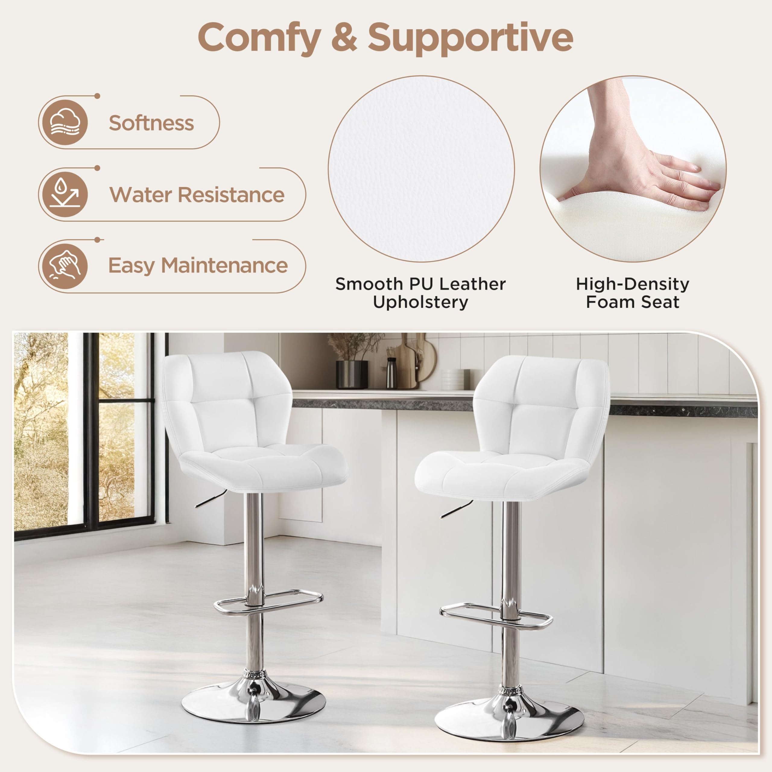 Yaheetech Tabouret de Bar Réglables en Hauteur Moderne,Chaise de Bar en Similicuir et Métal,Tabouret Haut Capacité de Charge Maximale 136 kg,44 × 50,5 × 89 cm Blanc