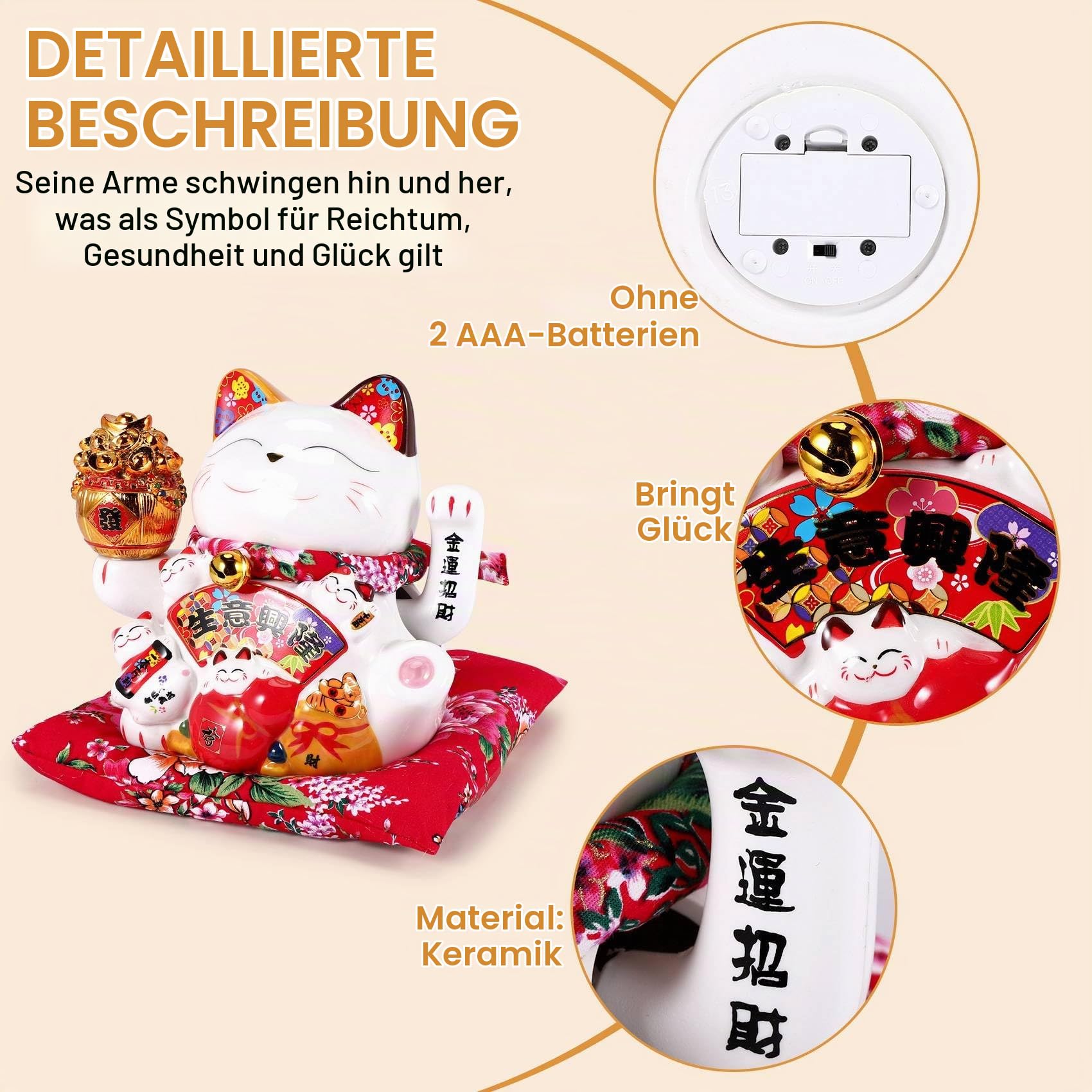7 Keramik Winkende Katze Maneki Ornament Feng Shui Dekoration Schaukel Katze,B