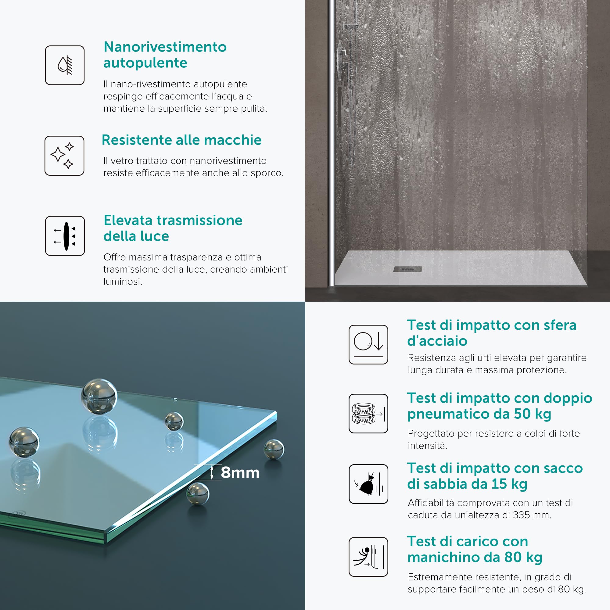 doporro Parete Doccia Walk-In 70x200 cm Senza Porta con Barra Telescopica