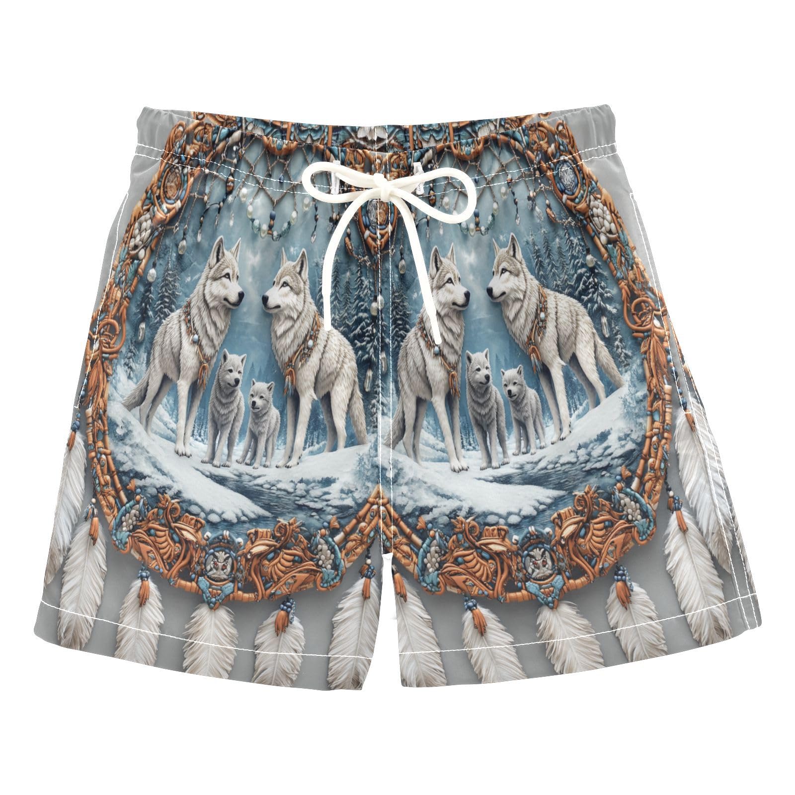 Boys Swim Trunks Toddler Swim Shorts Little Boys Swimwear Bohemia Dream Catcher Four Wolf Bathing Suit Swimsuit Multi