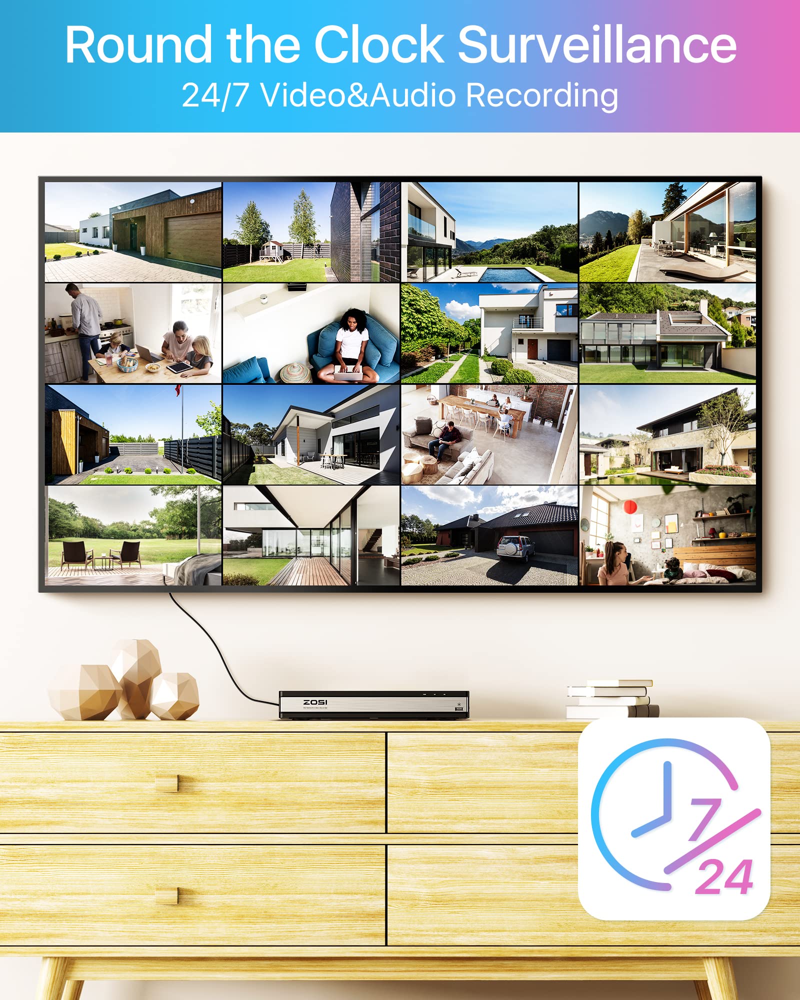 ZOSI 5MP Kit videosorveglianza PoE, 16CH 4K NVR con 4TB HDD, 8x 5MP Telecamera PoE, AI Rilevamento di Persone e Veicoli, Audio Bidirezionale, Visione Notturna a Colori, C225