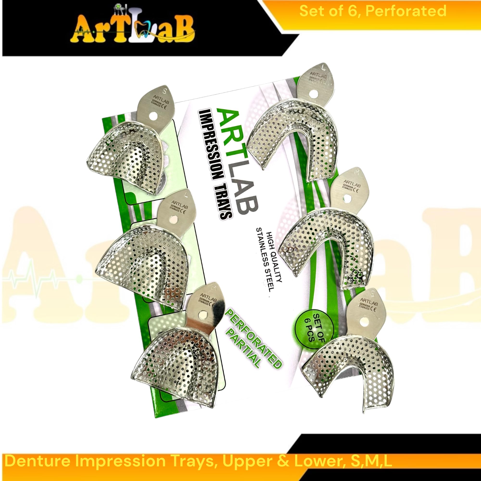 Denture Impression Trays, Upper & Lower, Perforated, Non-Perforated, Autoclave-Safe Reusable German Stainless Steel Dental Tools (6PK-Perforated (S+M+L))