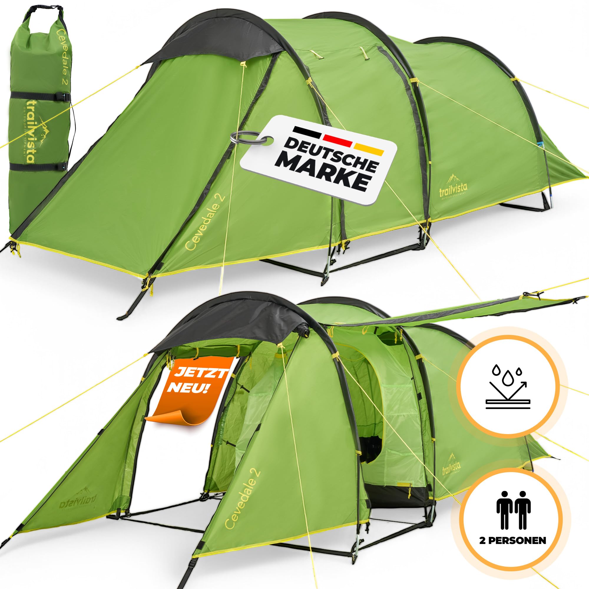 Tienda de campaña impermeable para 2 y 4 personas, tienda de campaña tipo túnel con toldo y protección contra mosquitos, tienda de campaña familiar ligera y estable, montaje rápido, tienda